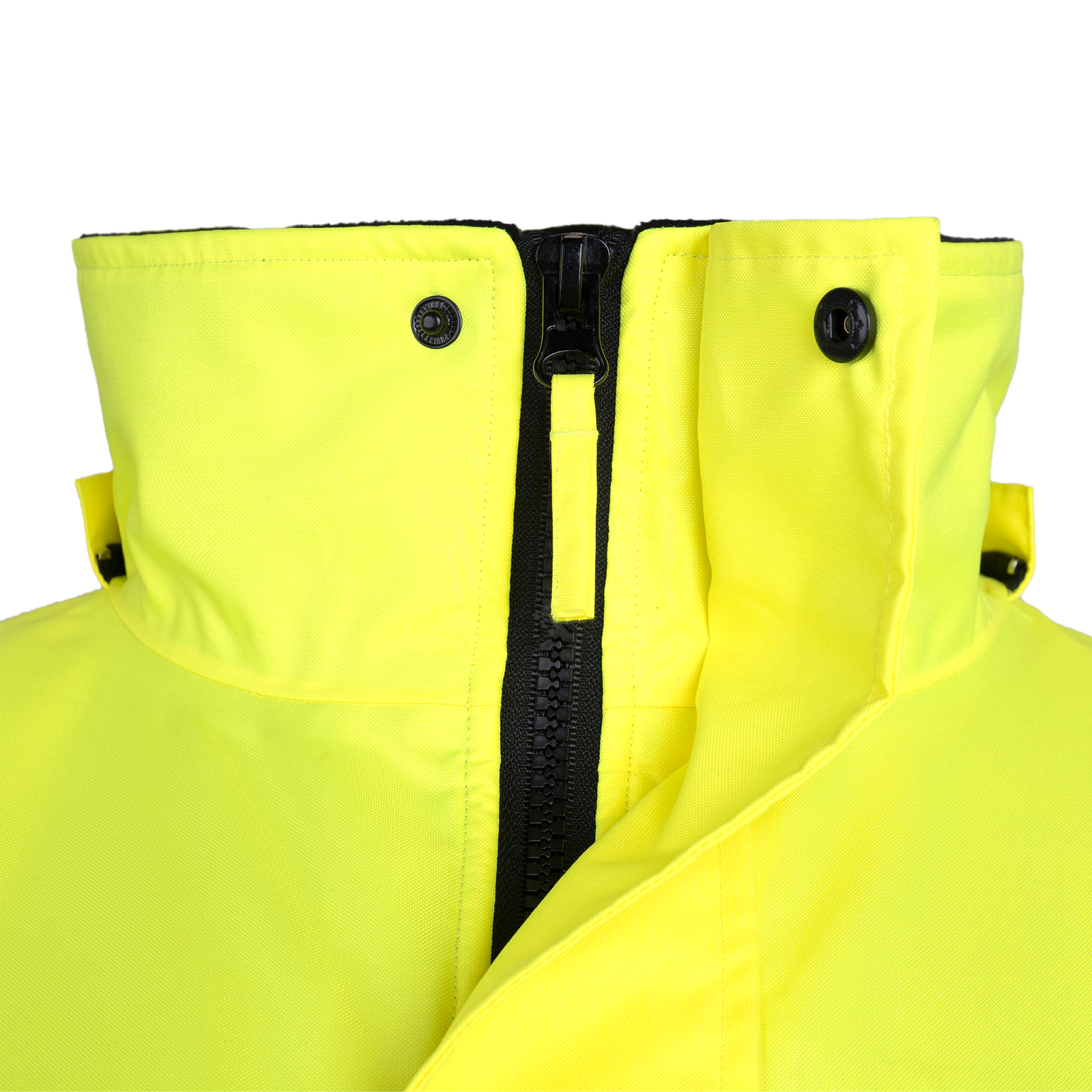 View of the yellow and black Hi-vis safety jacket with fleece liner, heat transfer reflective tapes, removable hoodie and pockets. 