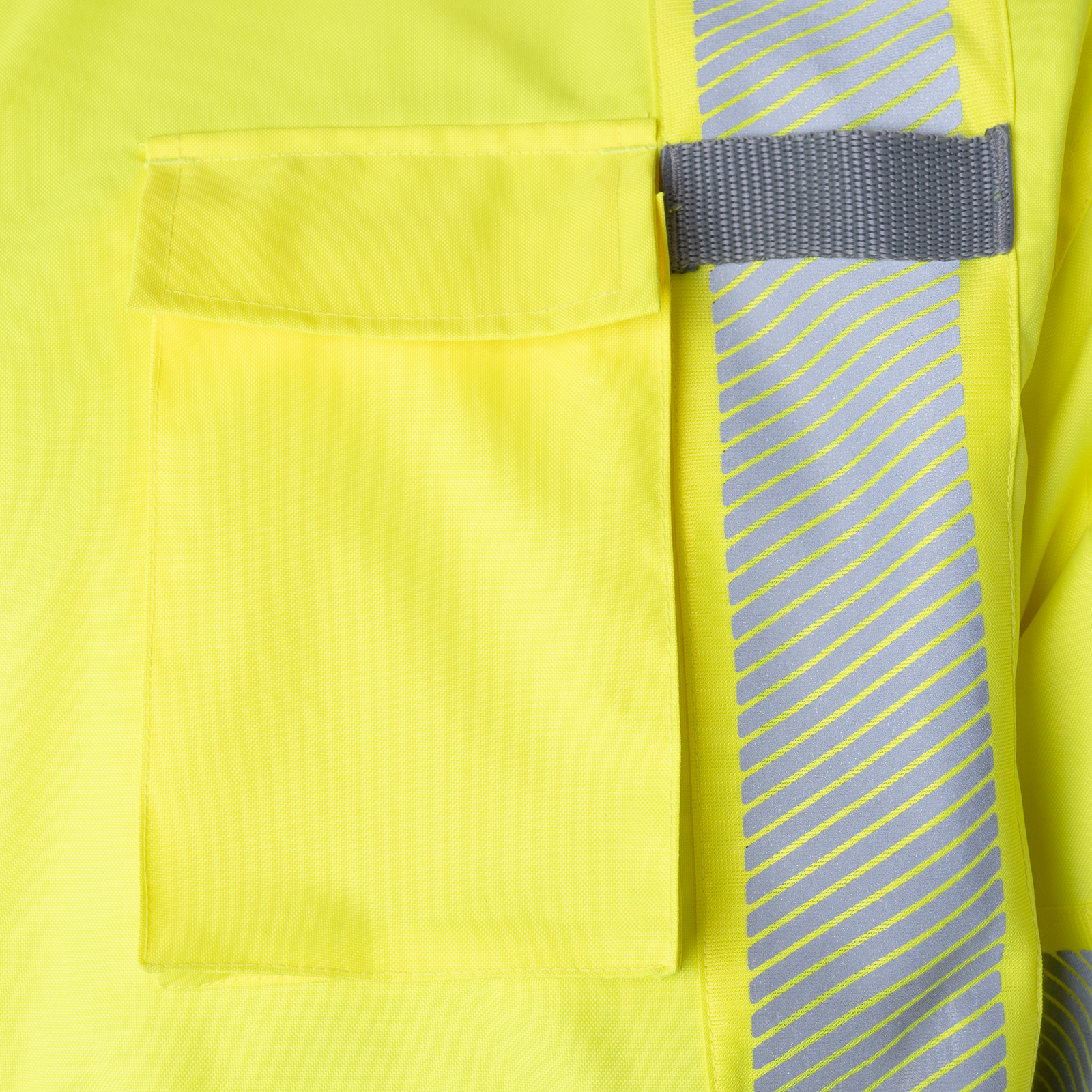 View of the yellow and black Hi-vis safety jacket with fleece liner, heat transfer reflective tapes, removable hoodie and pockets. 