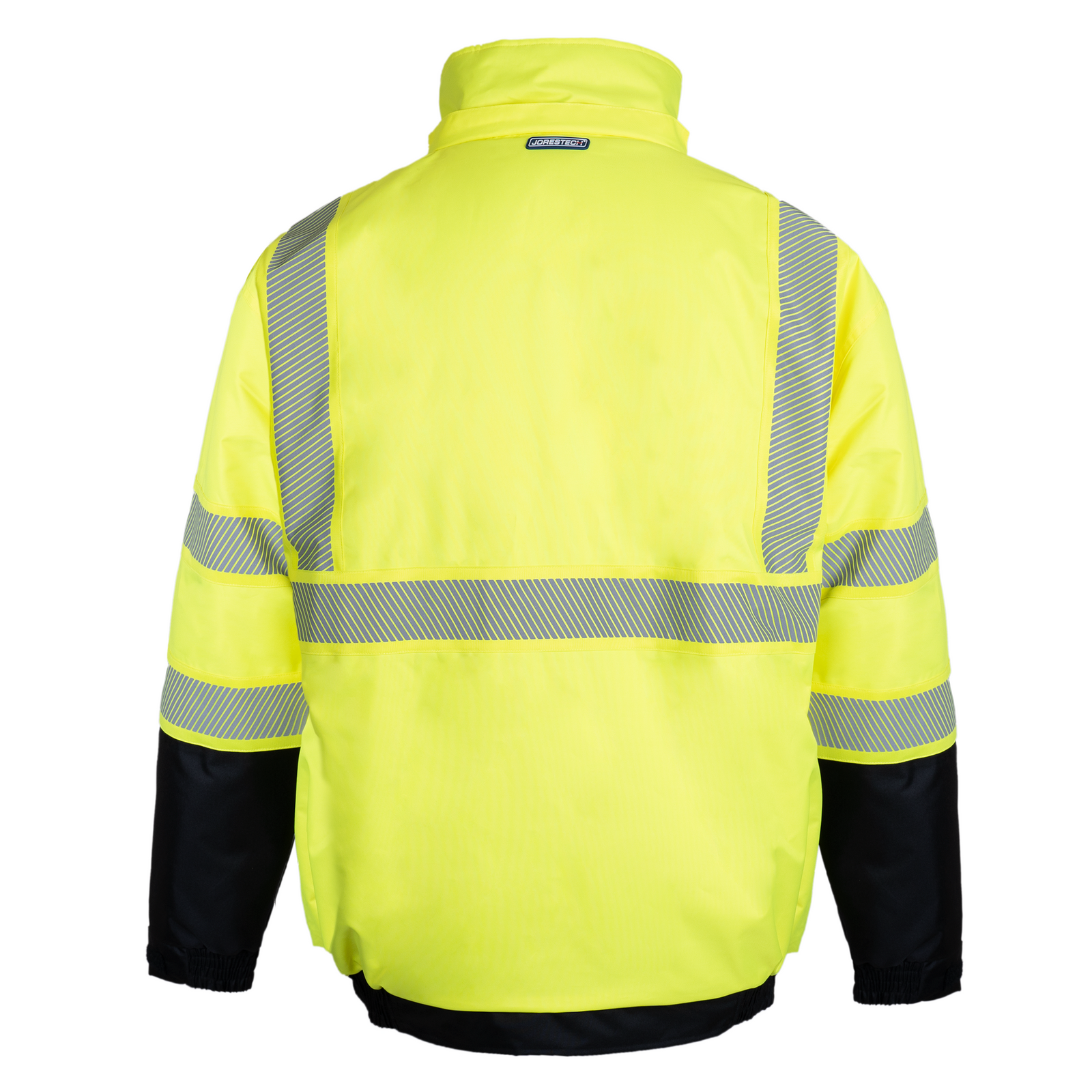 Back view of the ANSI compliant yellow and black Hi-vis safety jacket with heat transfer reflective tapes and removable hoodie for road work
