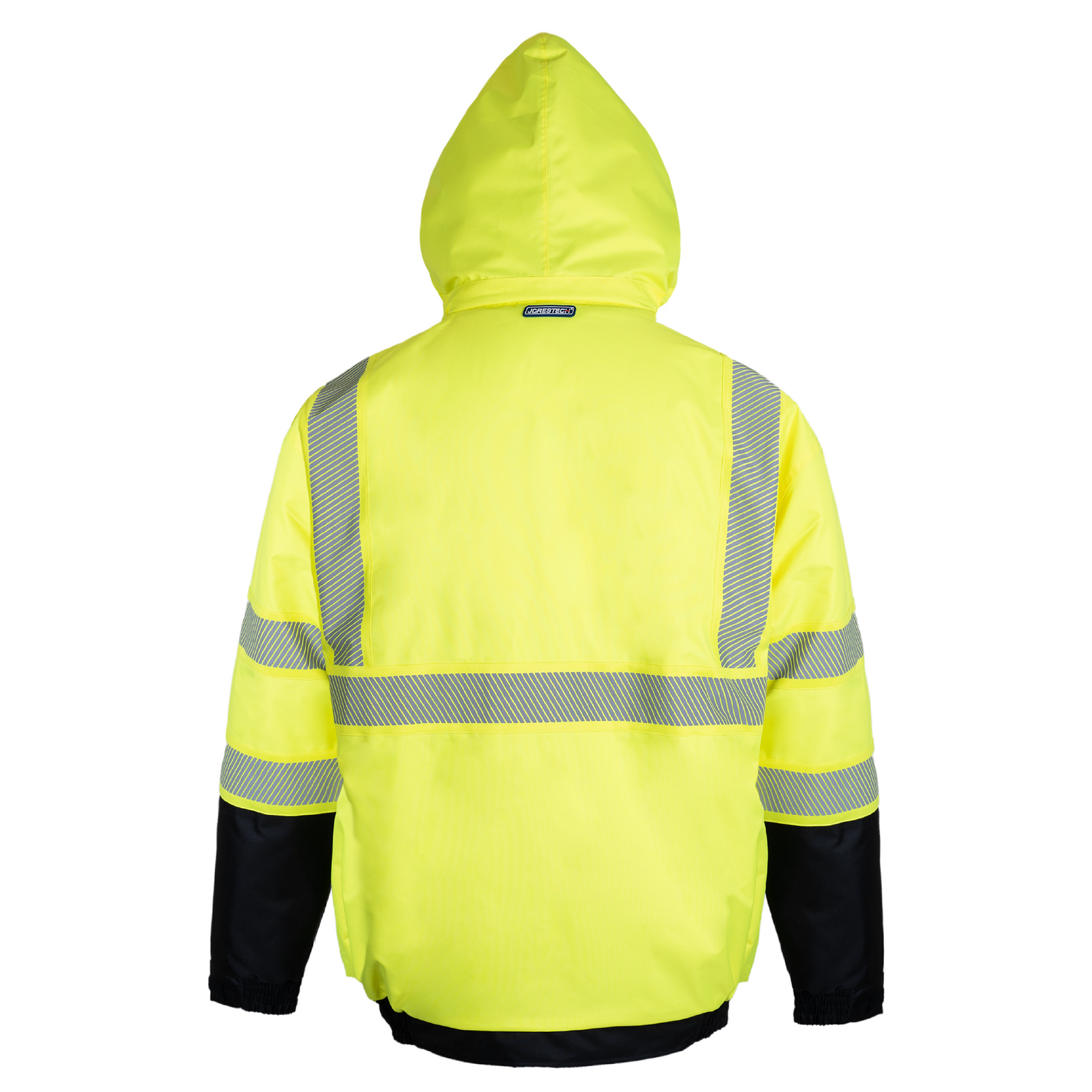 Back view of the ANSI compliant yellow and black Hi-vis safety jacket with heat transfer reflective tapes and removable hoodie for road work