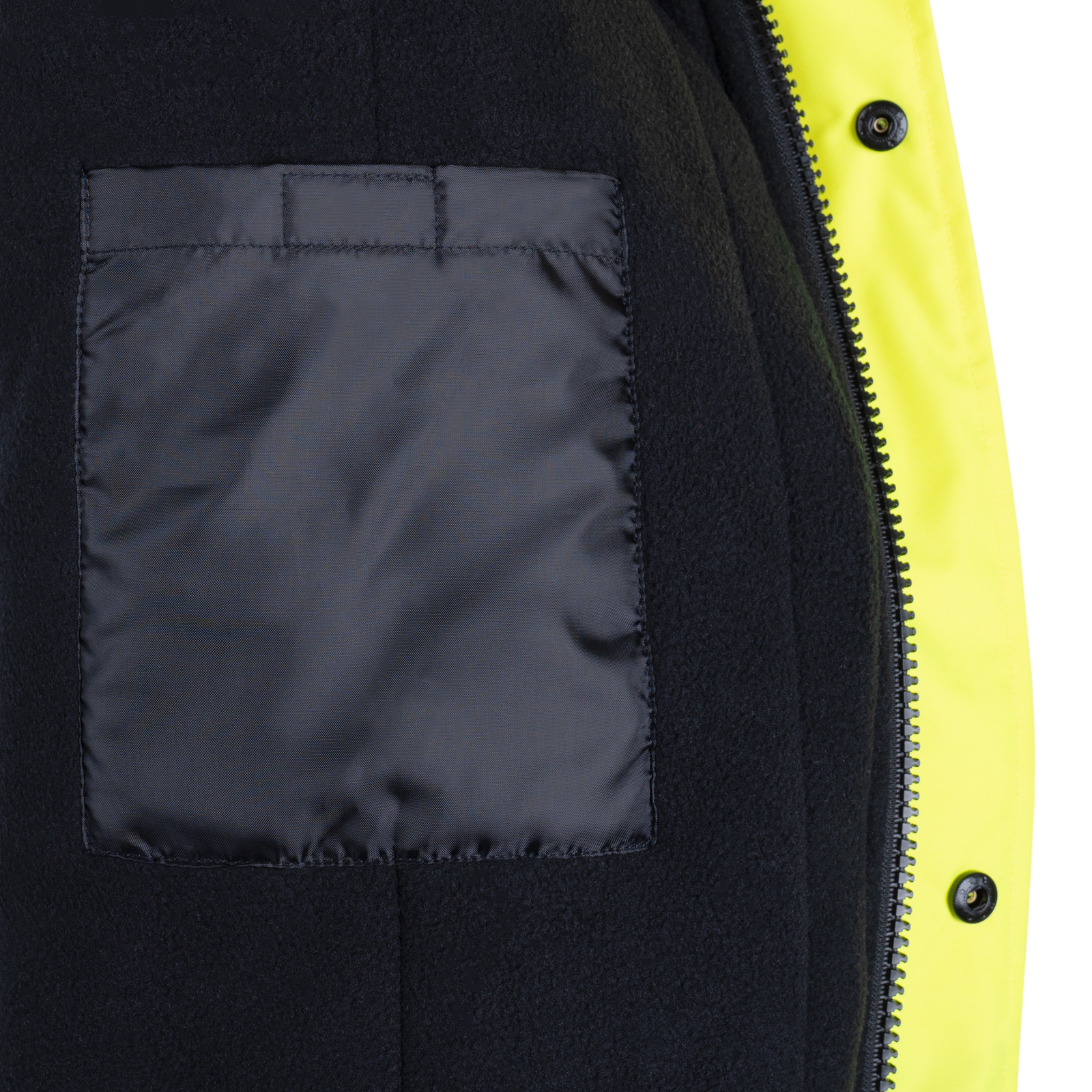 View yellow and black Hi-vis safety jacket with fleece liner, heat transfer reflective tapes, removable hoodie and pockets. 
