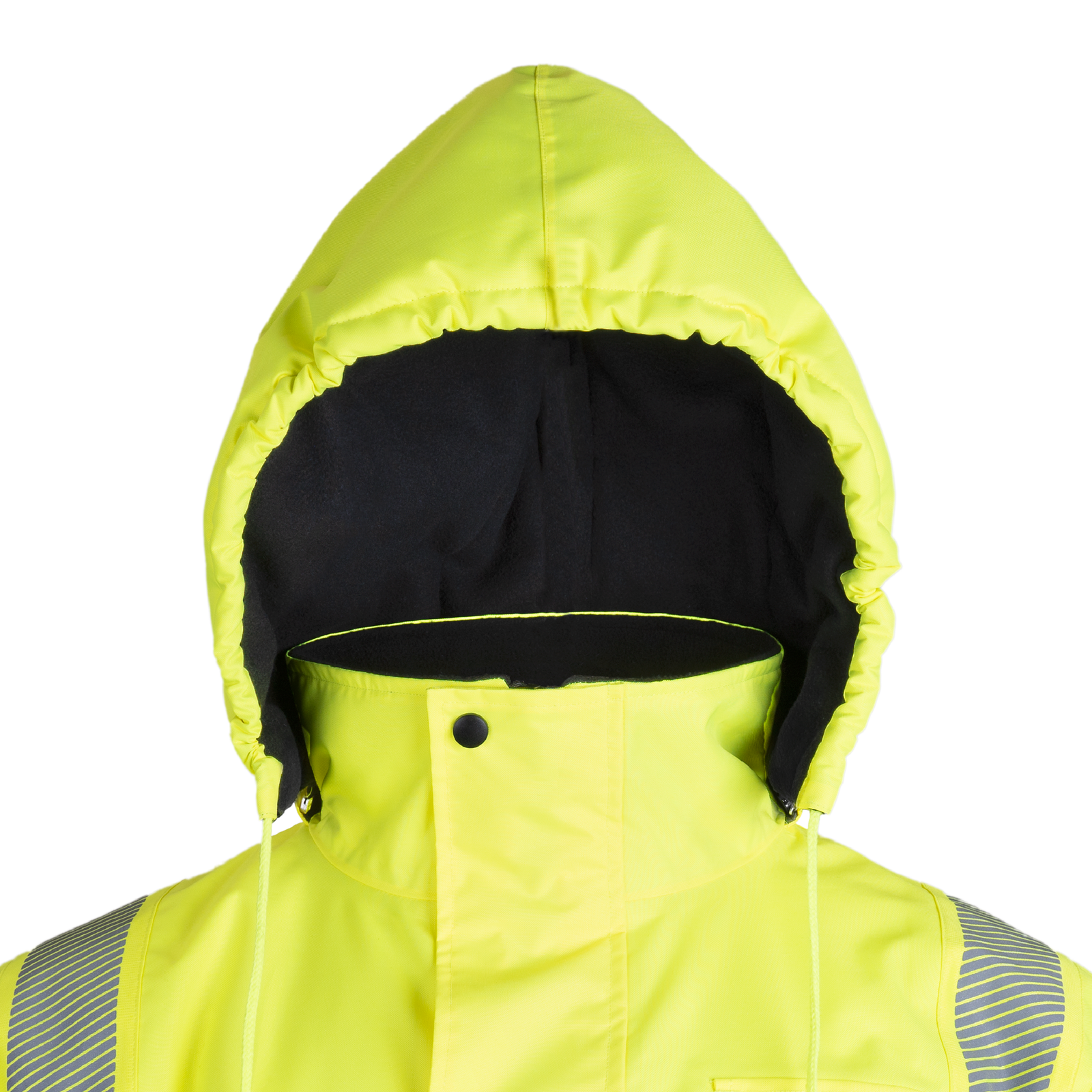 View yellow and black Hi-vis safety jacket with fleece liner, heat transfer reflective tapes, removable hoodie and pockets. 