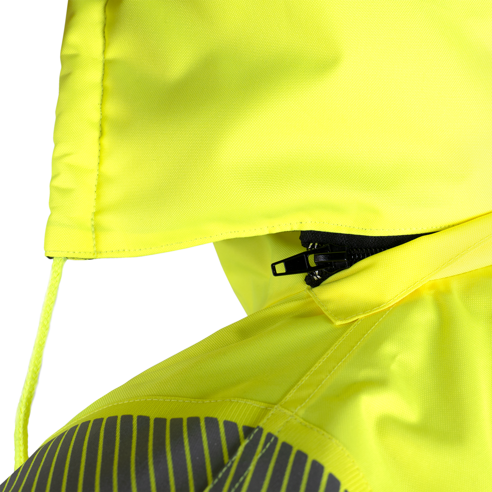 View of the yellow and black Hi-vis safety jacket with fleece liner, heat transfer reflective tapes, removable hoodie and pockets. 
