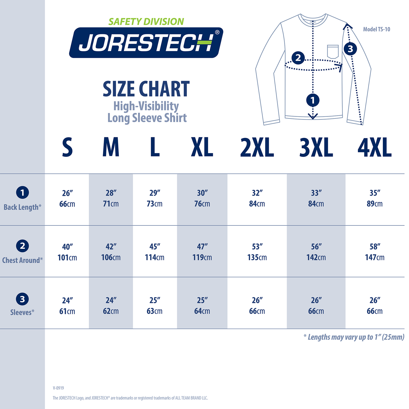 Size chart for the Hi vis long sleeve JORESTECH shirt