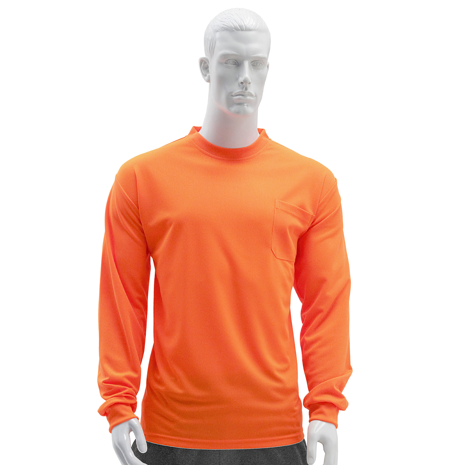 A modern mannequin wearing an orange hi vis long sleeve shirt