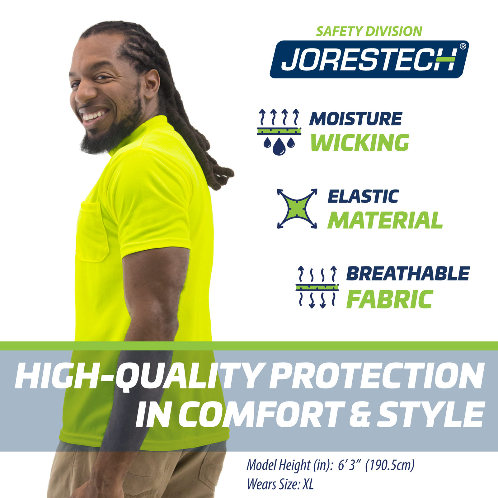 Man wearing the JORESTECH hi-vis Yellow/Lime safety shirt. Blue and green icons read moisture wicking, elastic material, breathable fabric, high quality protection in comfort and style.