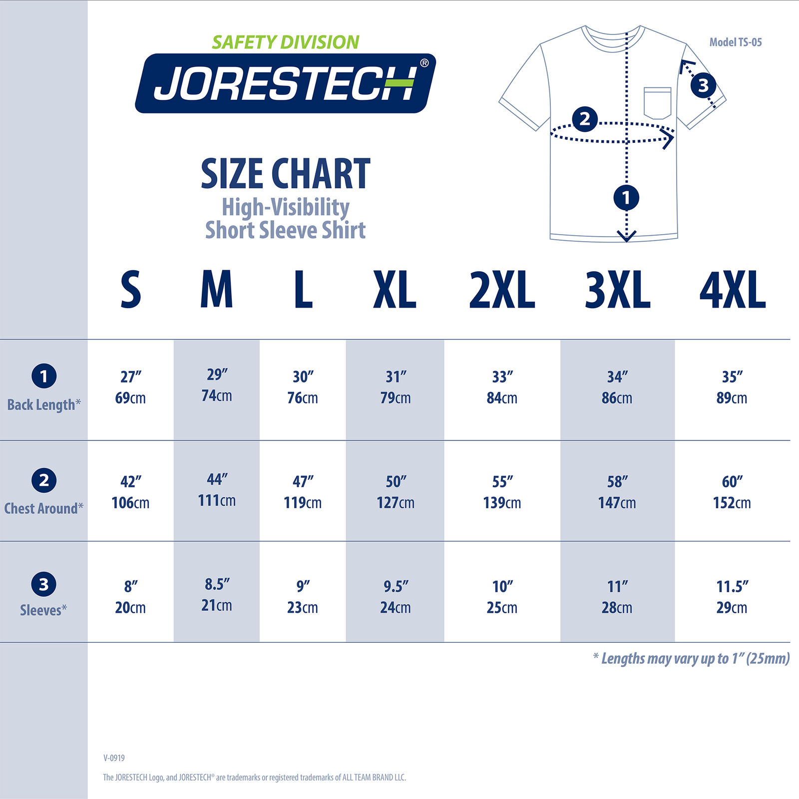 Size chart reflective short sleeve safety shirt