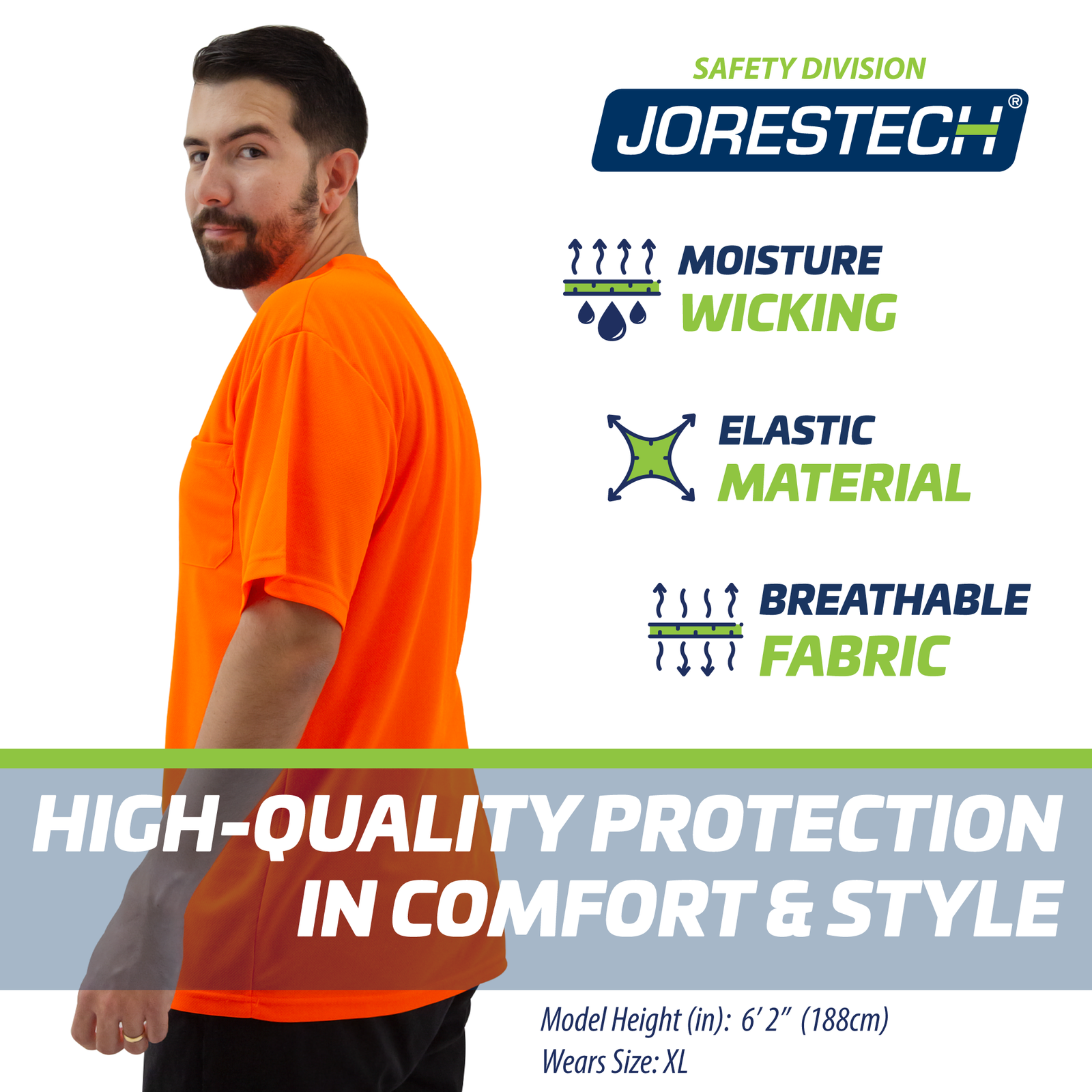 Man wearing the JORESTECH hi-vis orange safety shirt over white background, Blue and green icons read moisture wicking, elastic material, breathable fabric, high quality protection in comfort and style.