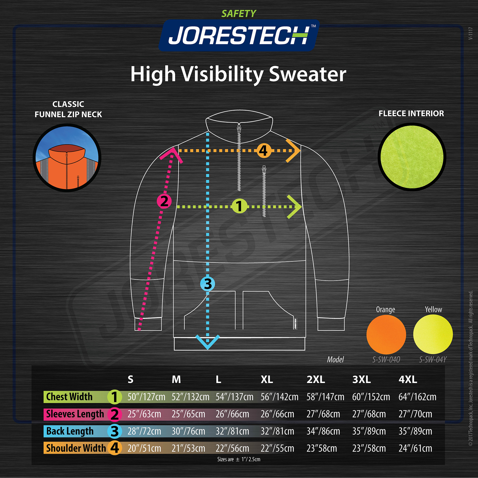 Size chart for the JORESTECH hi vis sweater