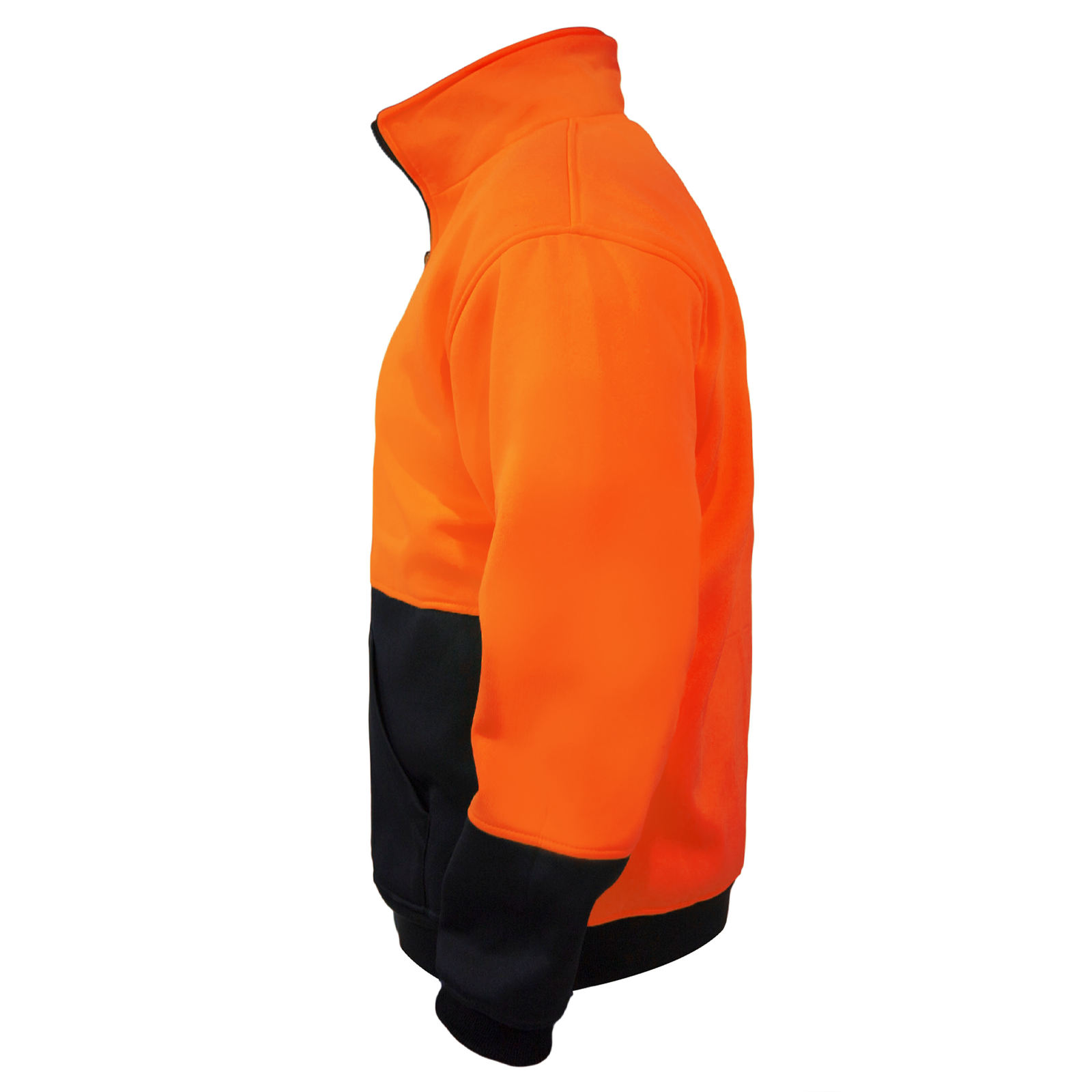 Side view of the hi-vis orange JORESTECH sweatshirt. Sweater has a black stand up collar, half a zipper and a pocket chest that closes with a black zipper.