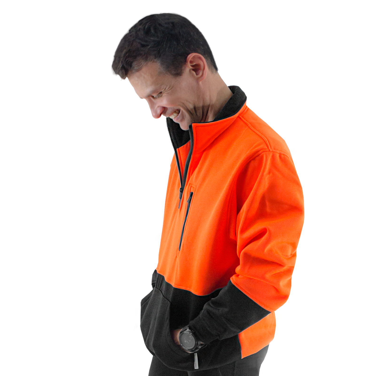 Man wearing the Orange hi-vis JORESTECH sweater with half zipper and elastic cuffs