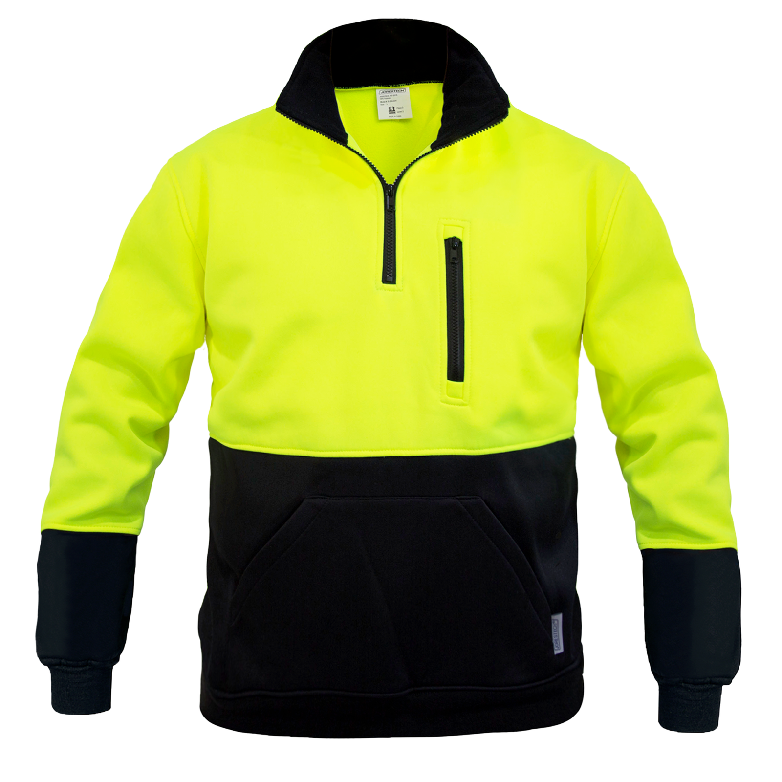High visibility yellow and black JORESTECH sweatshirt. Sweater has a black stand up collar, half a zipper and a pocket chest that closes with a zipper.