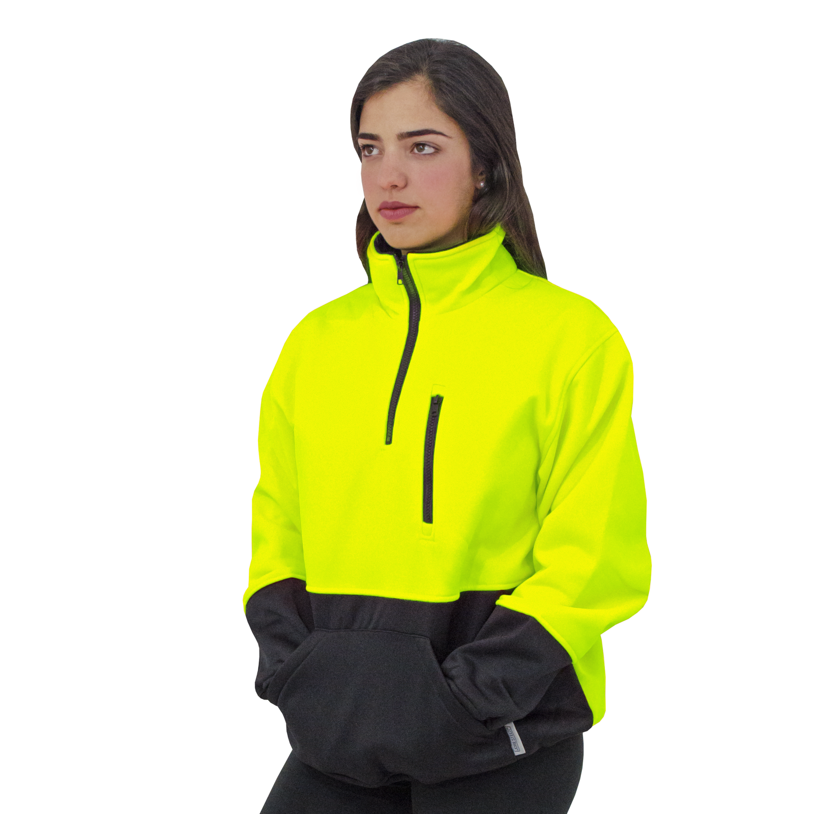 Woman wearing the hi-vis Yellow Black safety sweater. She had both hands inside the front pocket, and the zipper is closed all the way making the collar stand up.