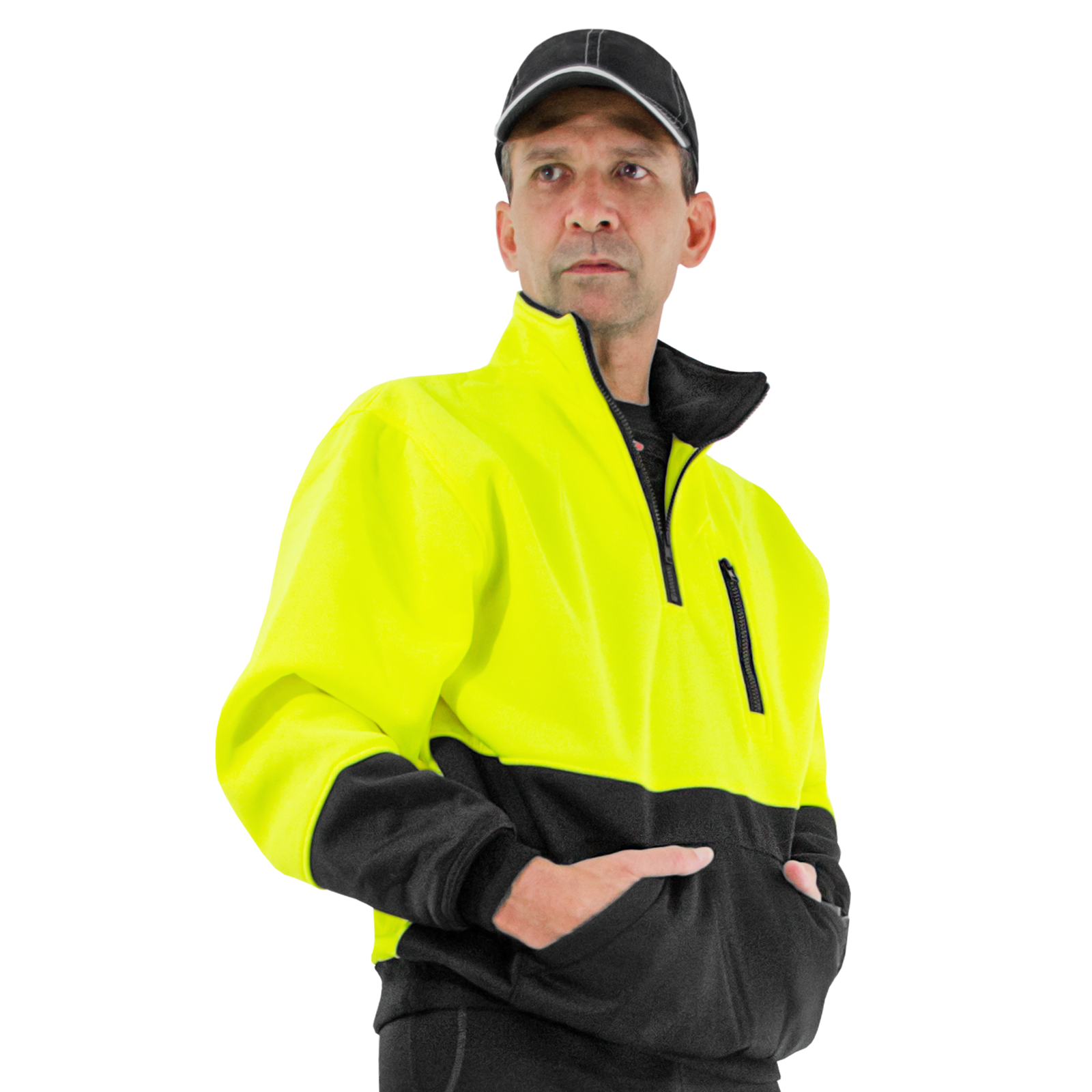 Man wearing the hi-vis Yellow Lime safety sweater for sports. 
