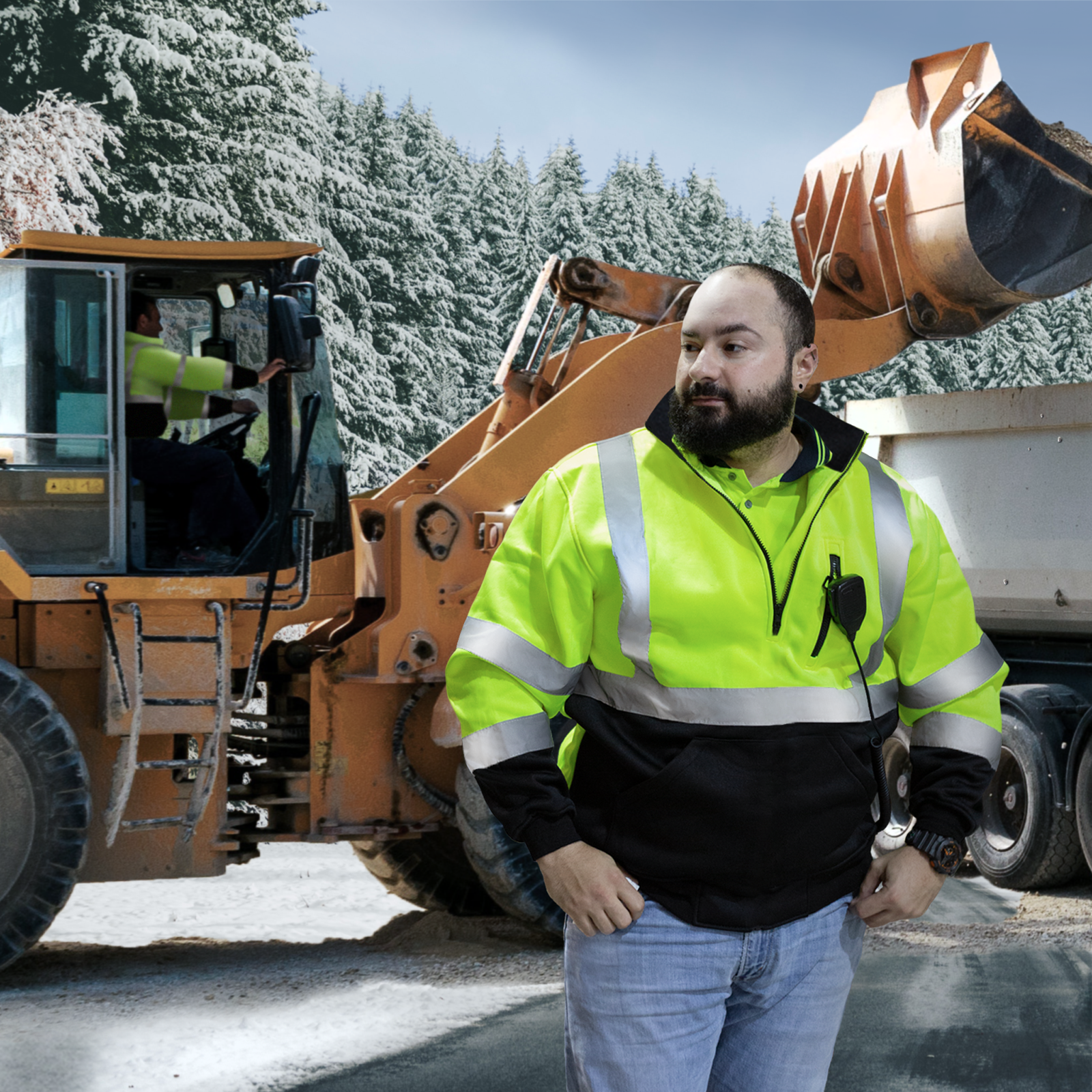 Worker wearing a vi-vis yellow JORESTECH safety sweater with reflective stripes for road construction on winter