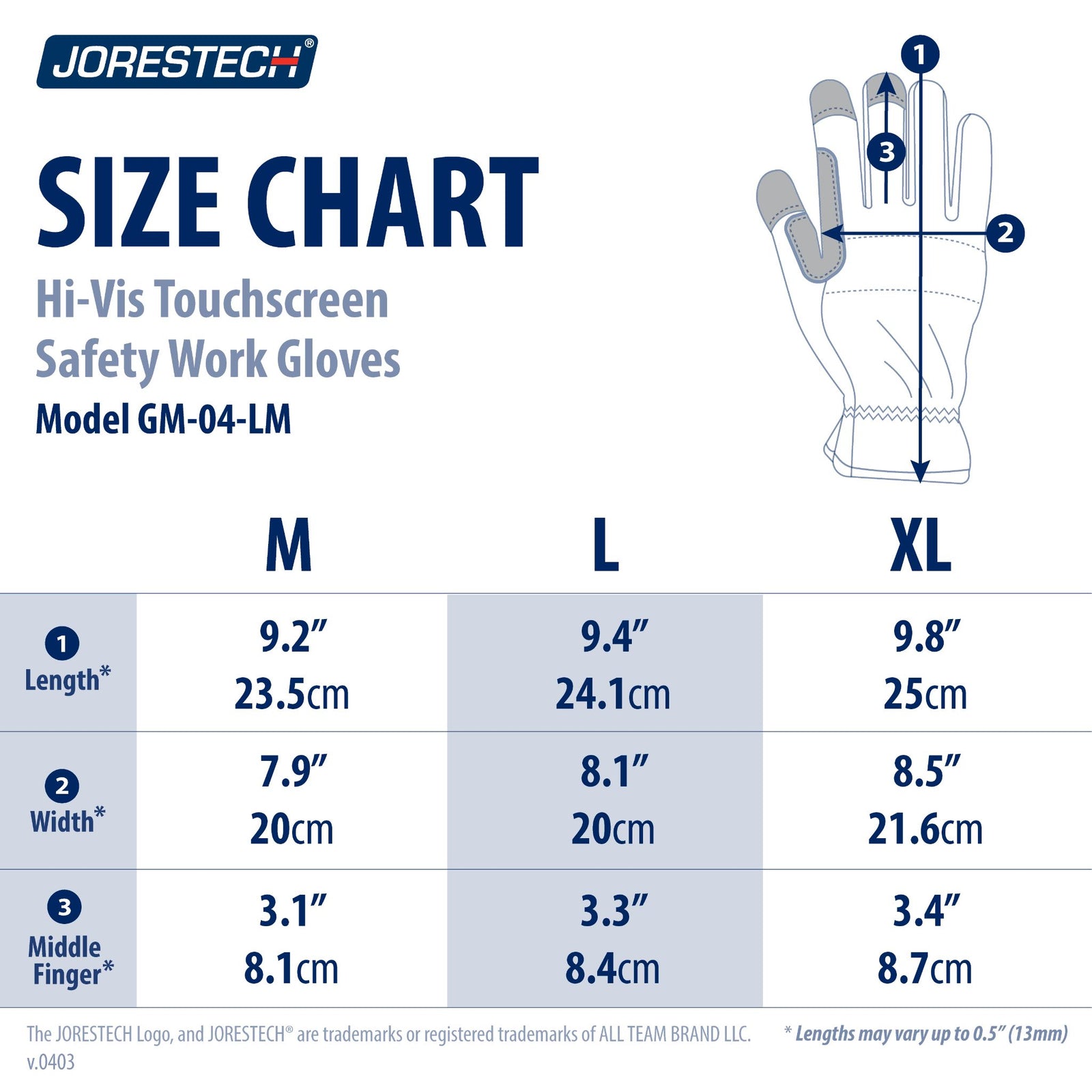 Size chart of the hi visibility touchscreen safety work gloves