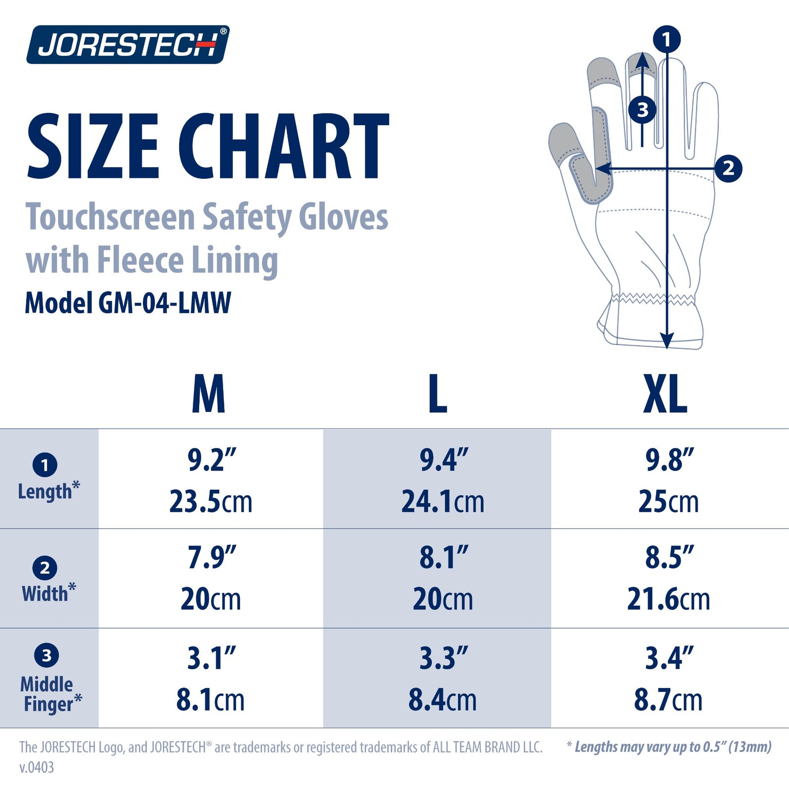 Size chart for the multipurpose touch screen safety work glove with fleece lining for weather protection