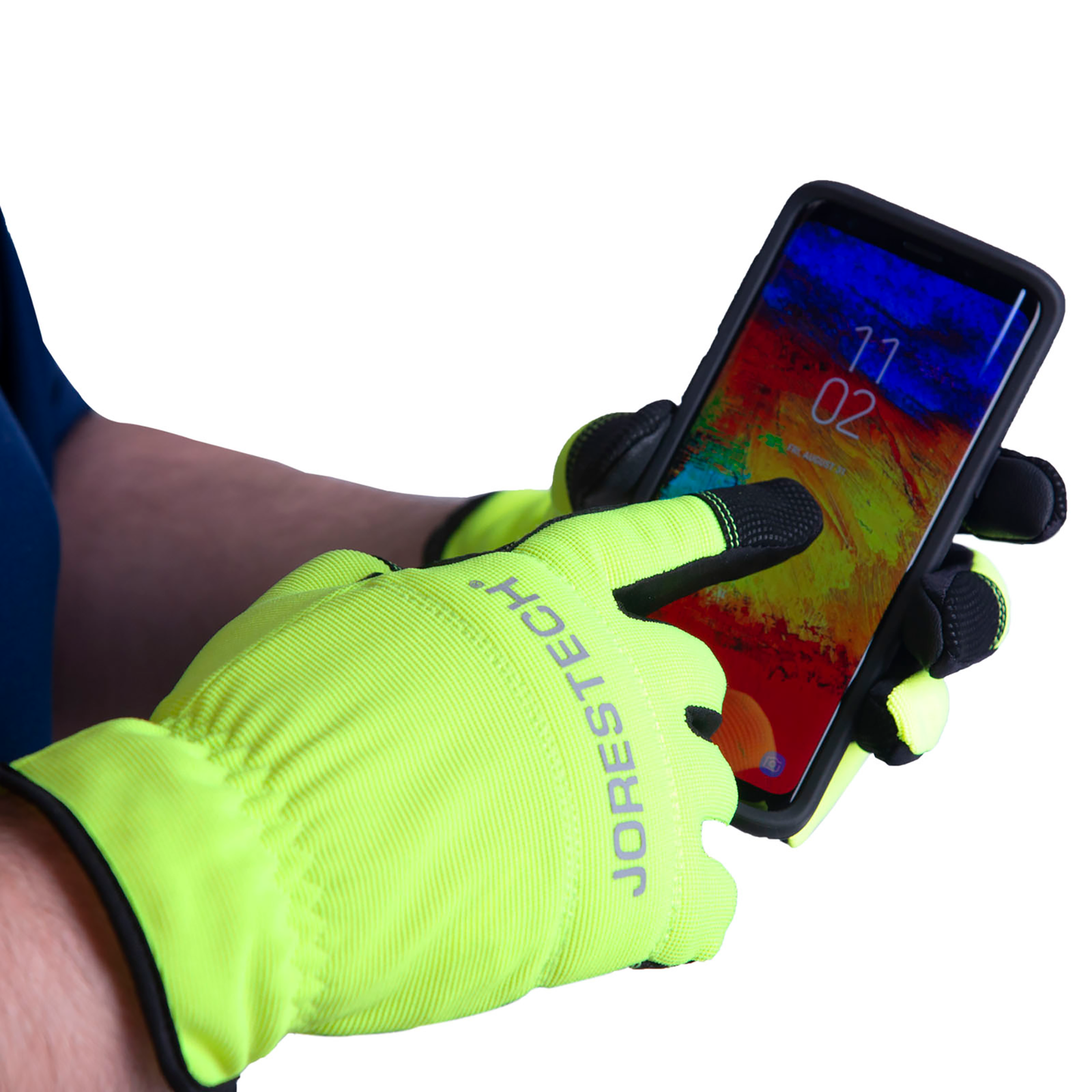Person wearing the JORESTECH hi-vis yellow lime and black touchscreen safety work gloves touching the screen of a mobile phone