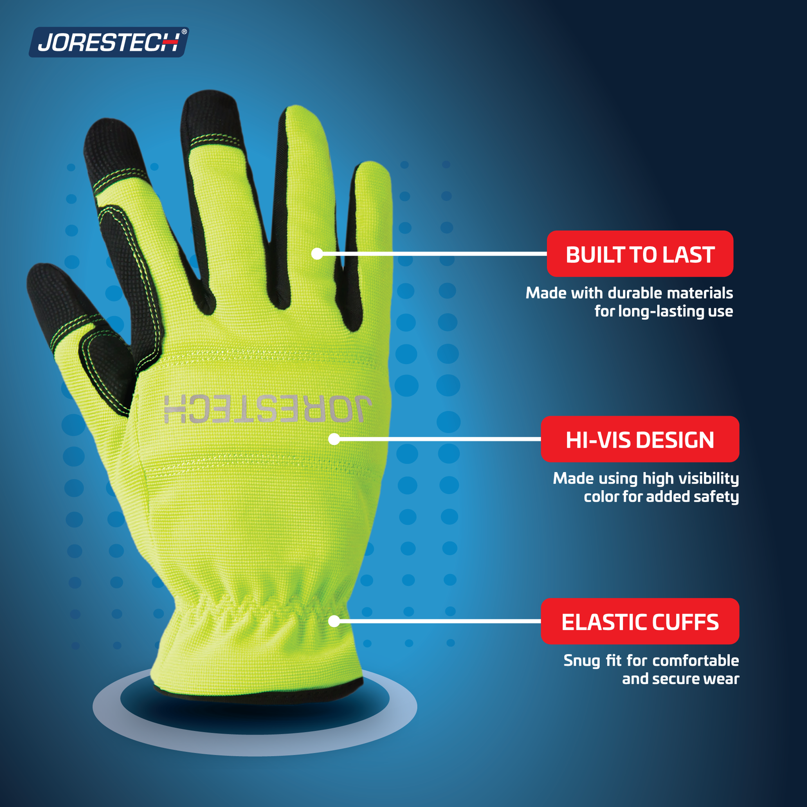 Hi vis safety gloves built with durable materials, hi vis design to increase visibility and elastic cuff for a more secure grip