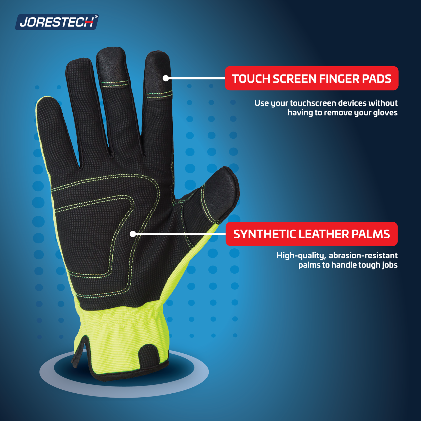 Hi vis work glove showing touchscreen finger pads and synthetic leather palms