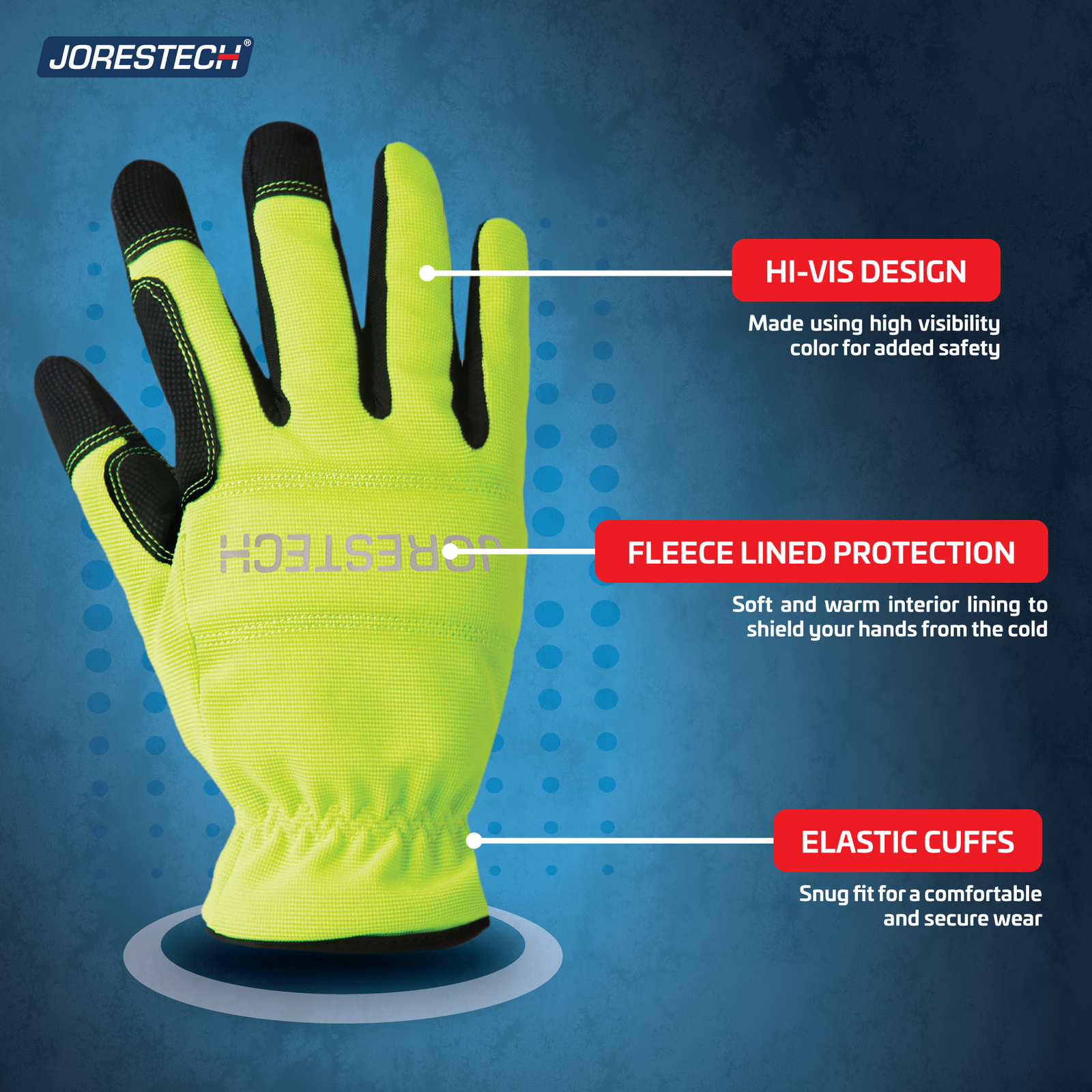 Multipurpose hi vis safety glove with fleece liner for weather protection and elastic cuff for a more comfortable and snug fit