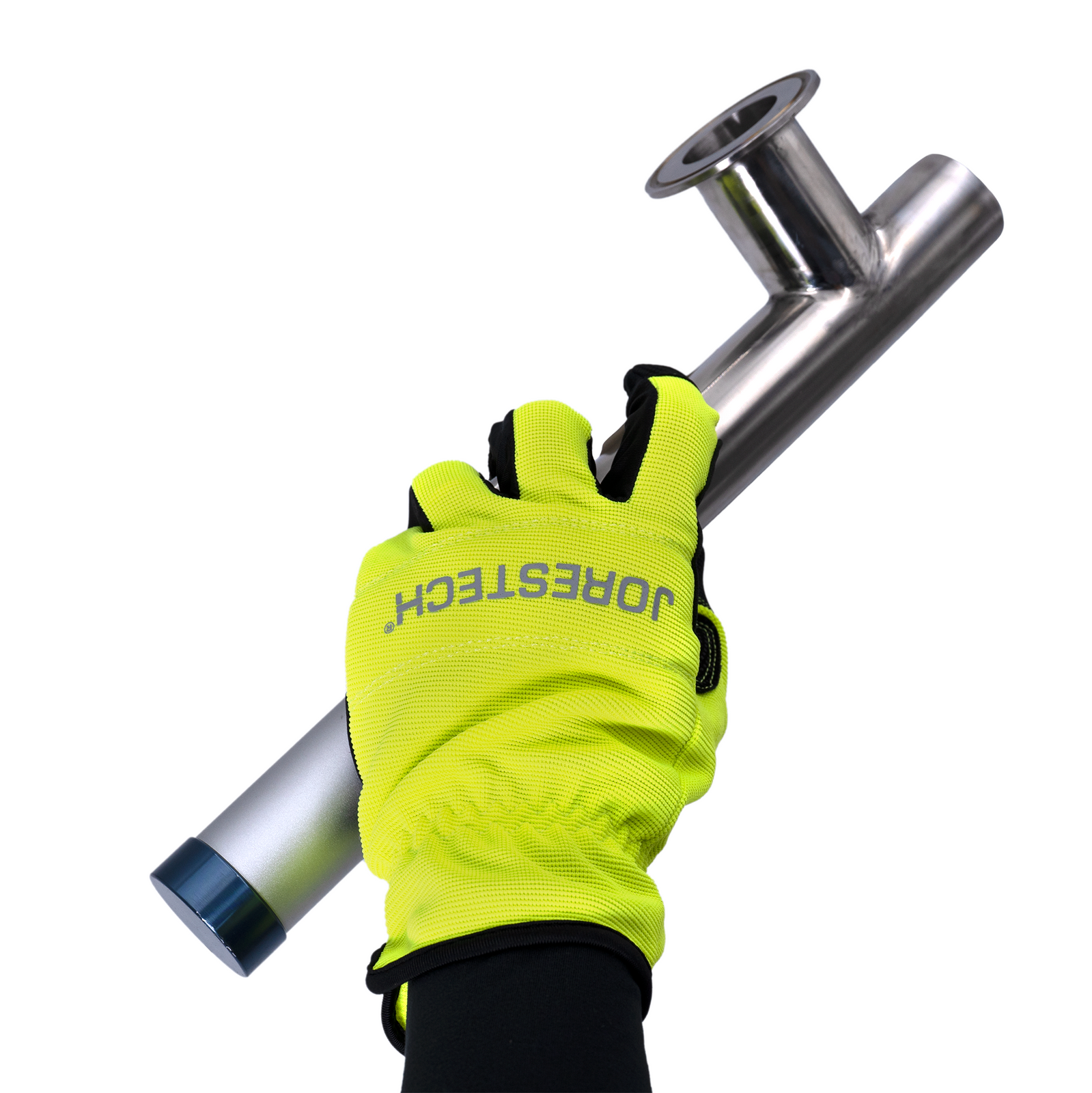 Close up showing the hand of a person wearing the hi vis safety glove with fleece lining holding a cold metal tube