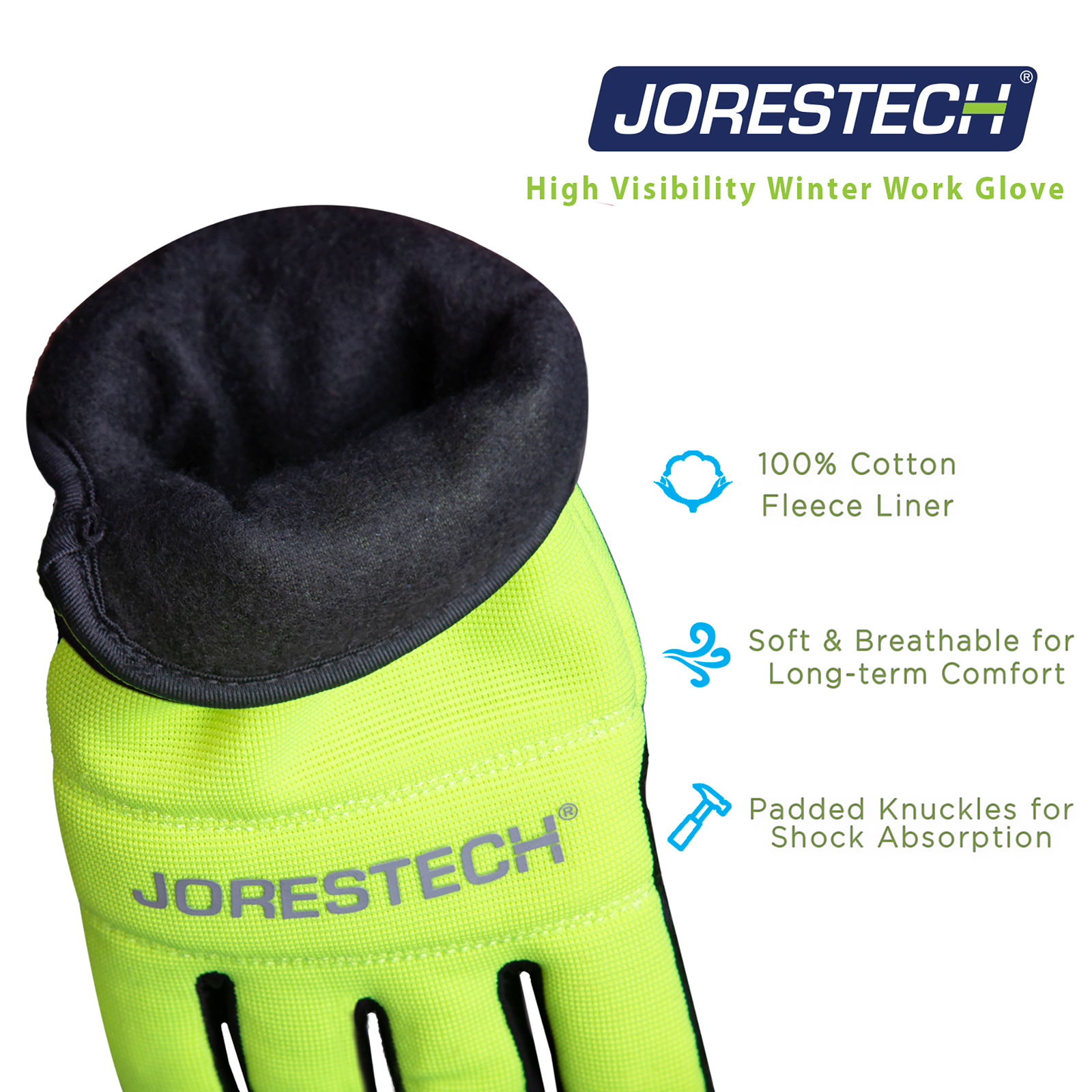 Showing the inner black fleece liner of the hi-vis touchscreen JORESTECH safety work gloves with fleece lining. Features read: high visibility winter work glove. 100% cotton fleece liner, Soft breathable for long term comfort, padded knuckles for shock absorption