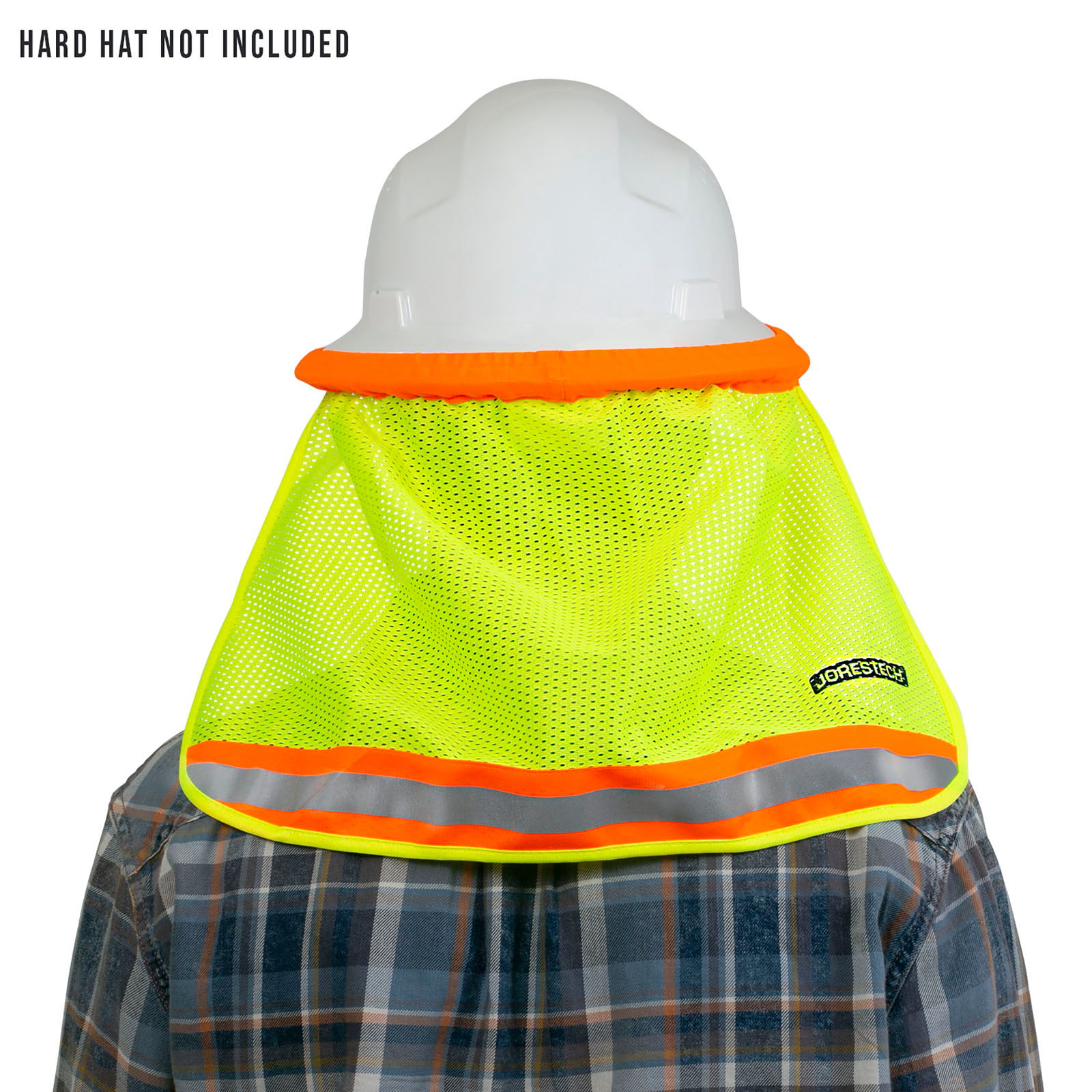 Back view of a person wearing a full brim hard hat with a reflective neck shade. 