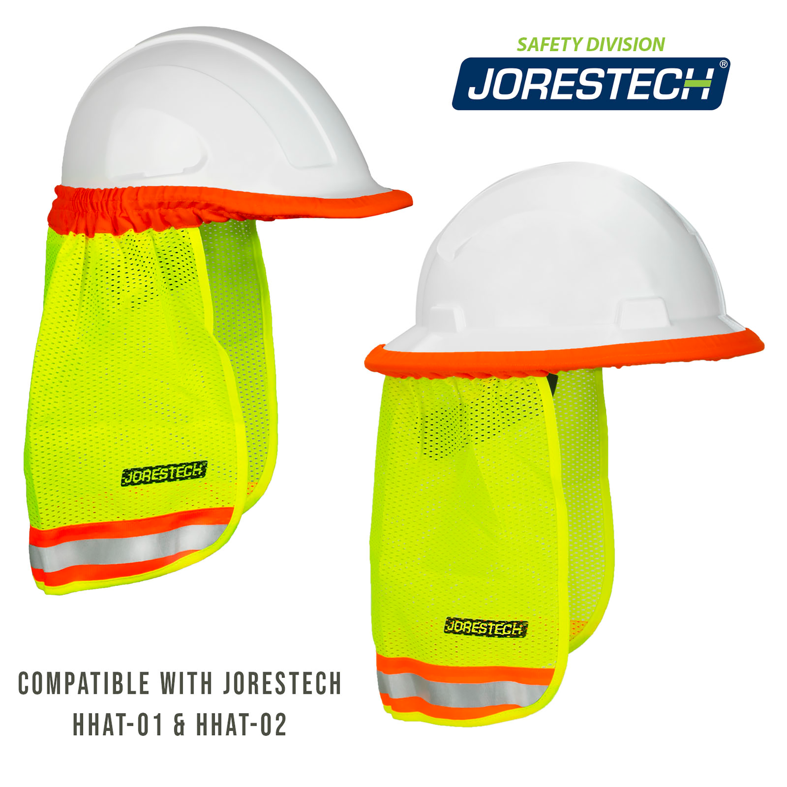 Shows 2 hart hats with a hi-visibility 2 tone hard hat neck shade. One is installed in a full brim hard hat and the other one is installed in a cap stile white hard hat. Text reads: compatible with JORESTCH HHAT-01 & HHAT-02