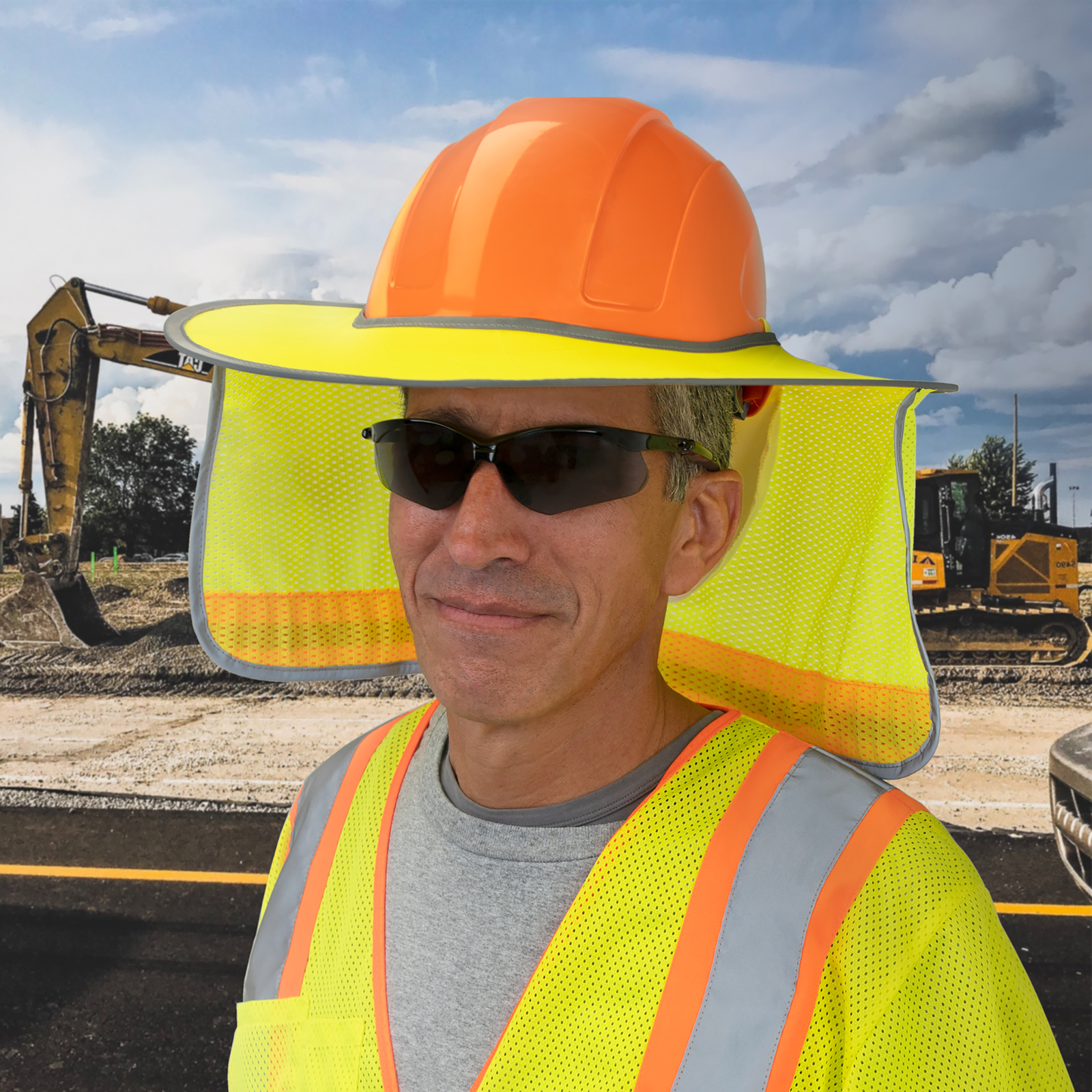 Image of a man using an orange full brim hard hat with a JORESTECH sun shield installed while he is in a construction on the road