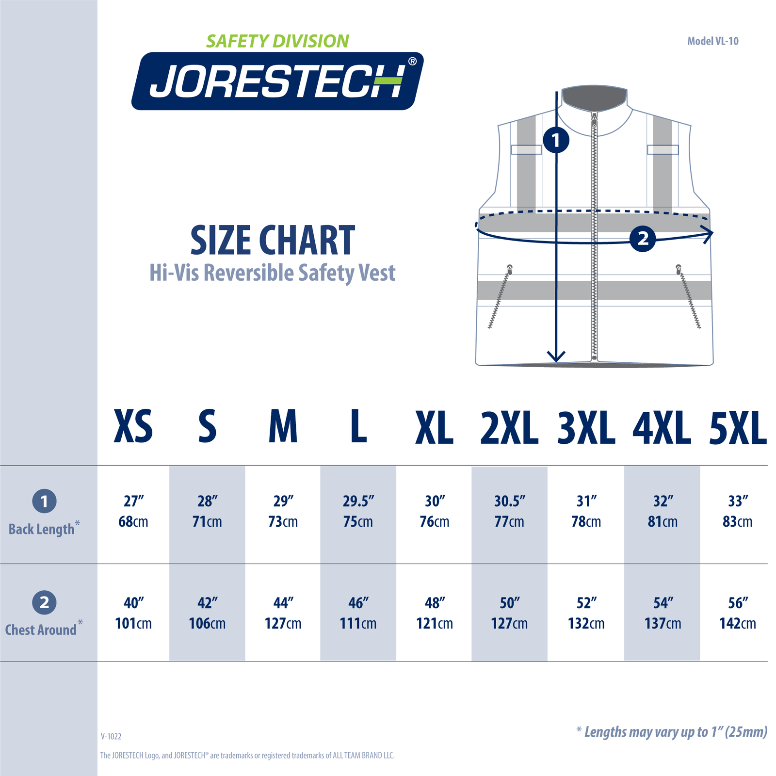 Size chart ANSI class 2 type R two tone safety vest