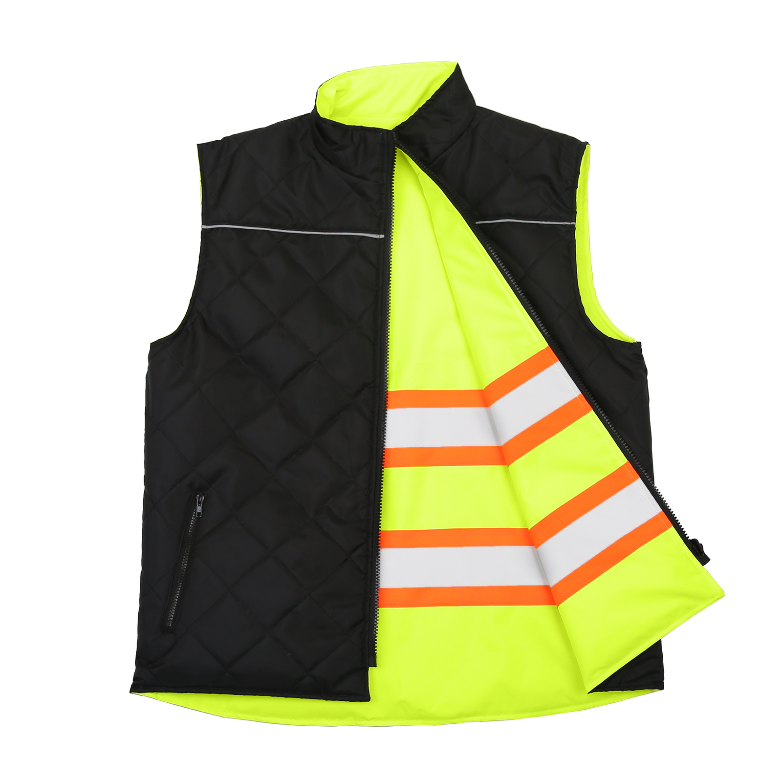 Front view showing the high visibility side and the black side of the JORESTECH reversible insulated safety vest with zipper