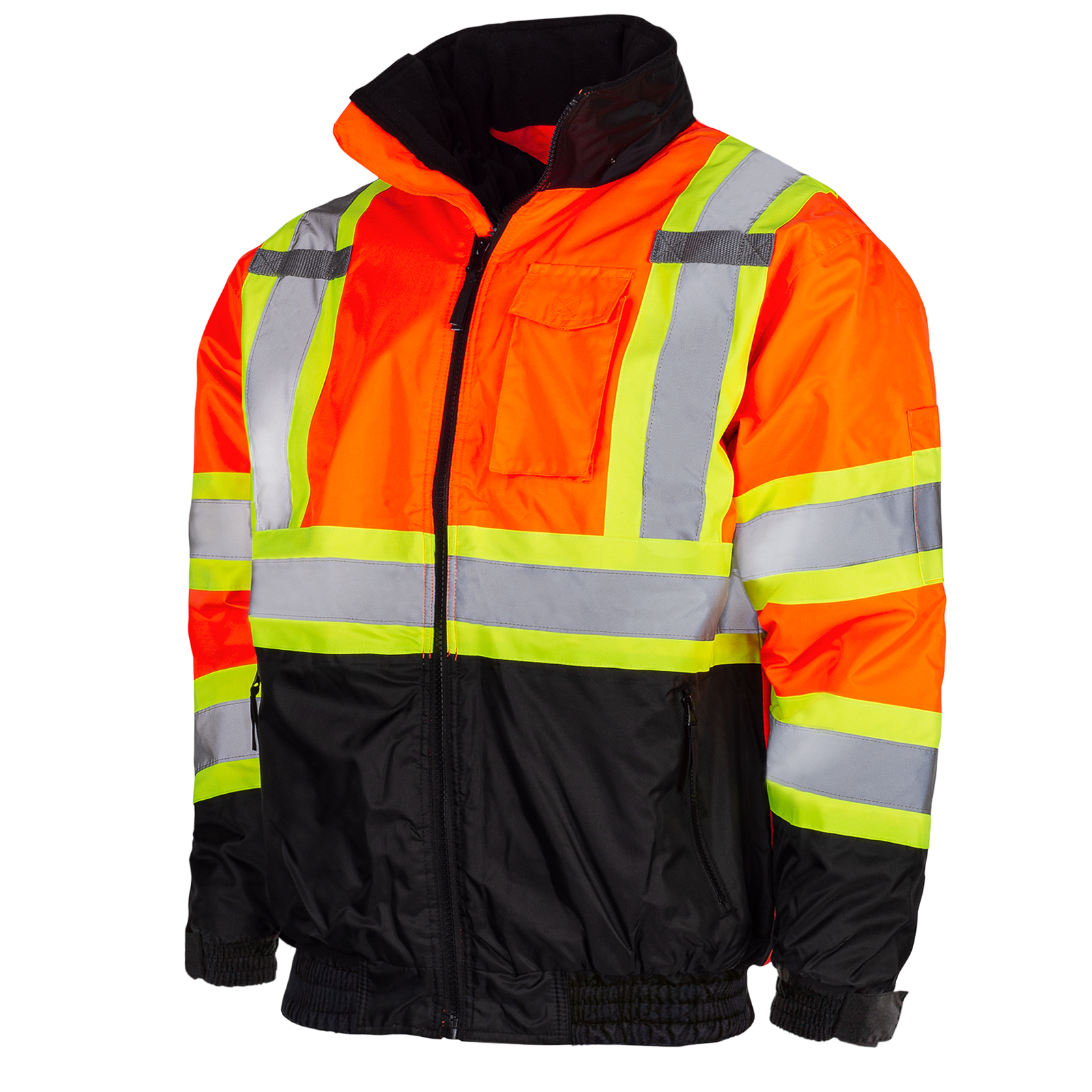 Diagonal view of the orange and yellow JORESTECH Hi-vis two tone safety bomber jacket with reflective stripes and black bottom
