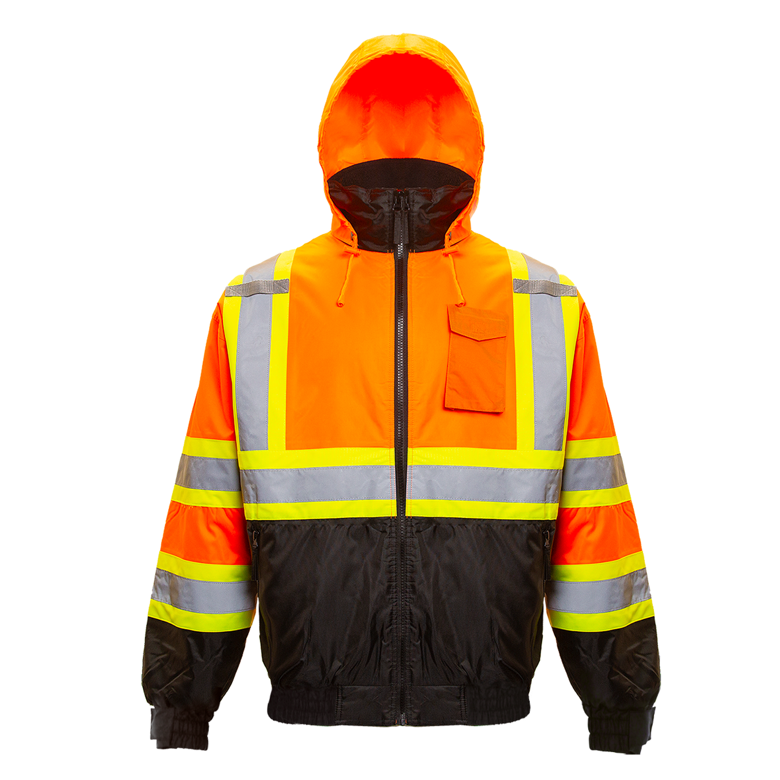 Orange and back JORESTECH hi vis two tone safety bomber jacket with reflective stripes and hoodie, class 3 type R
