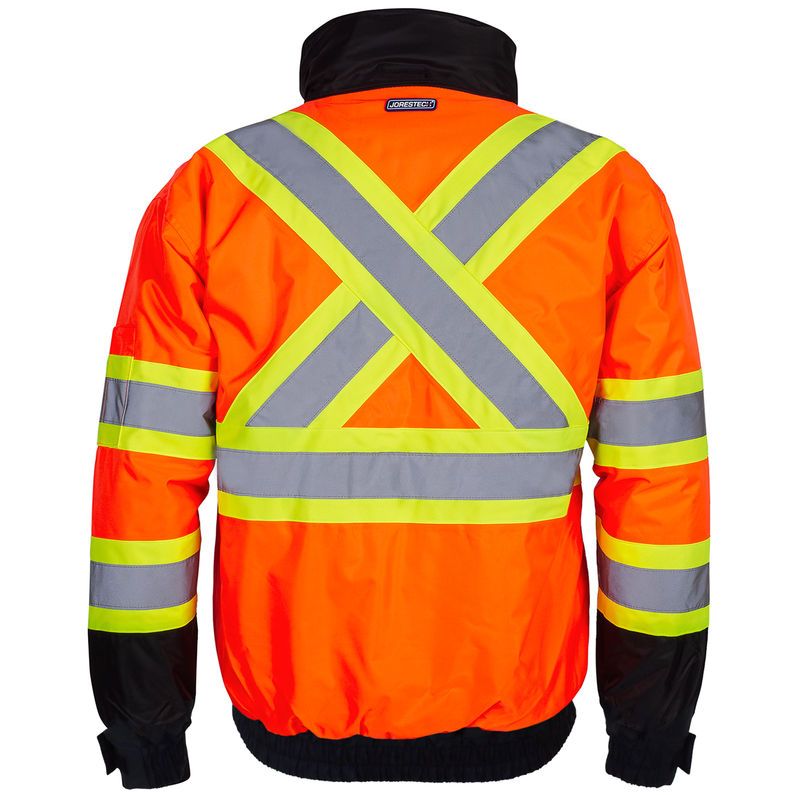 Hi-vis ANSI safety bomber jacket for winter with reflective stripes and a reflective X on the back