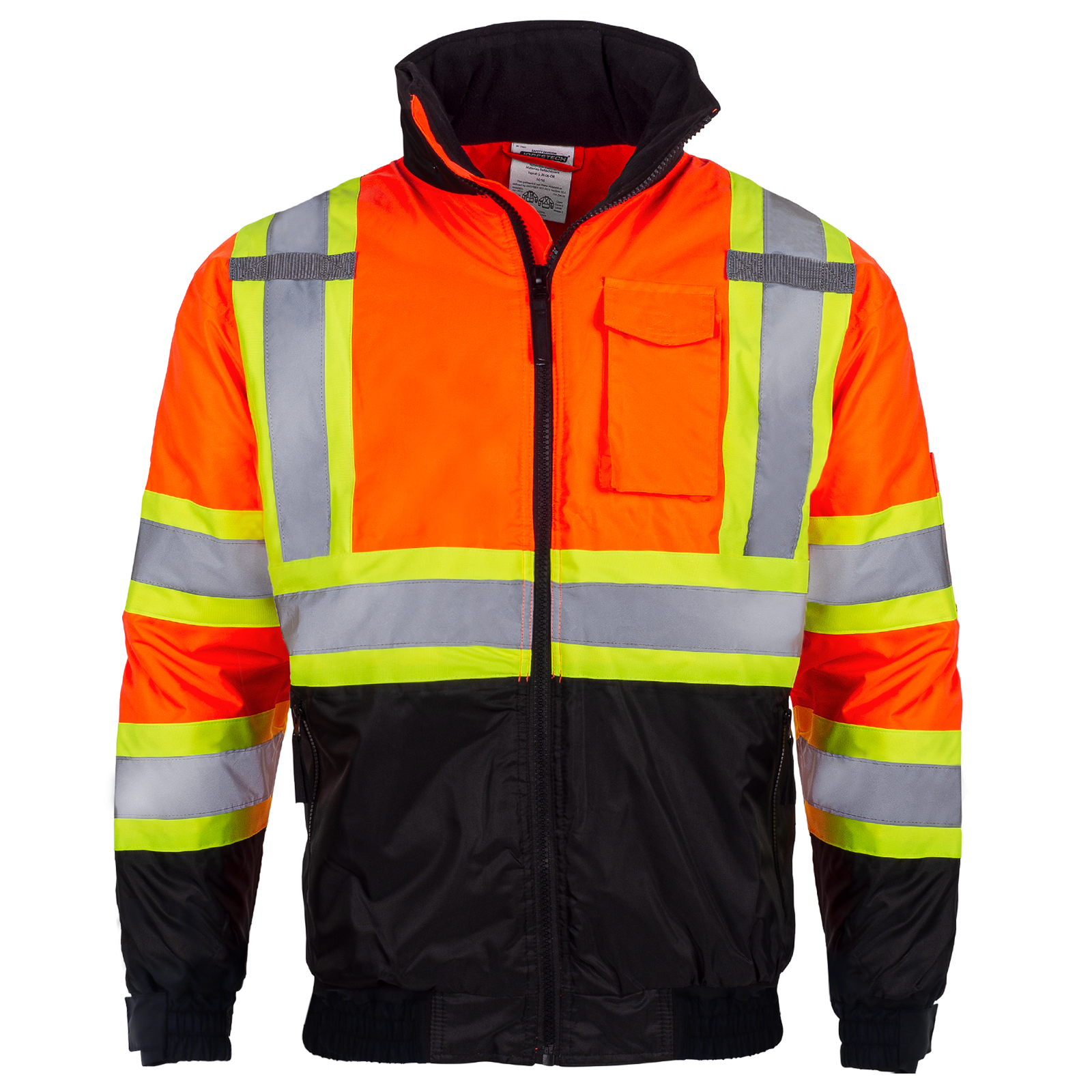 Orange JORESTECH Hi-vis two tone safety bomber jacket with reflective stripes and a reflective X on the back