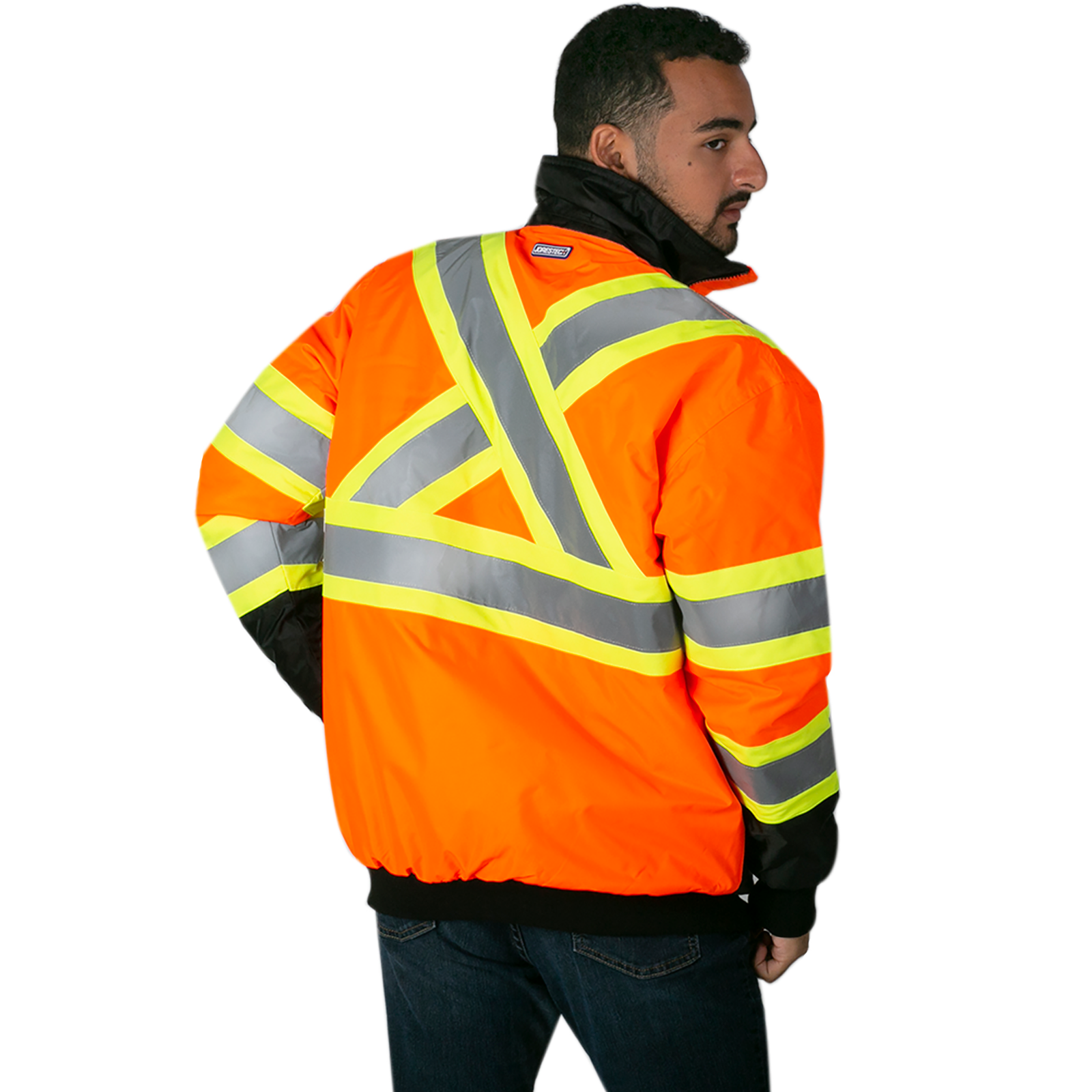 Back of a man wearing the orange hi vis two tone safety bomber jacket with reflective stripes and a reflective X on the back