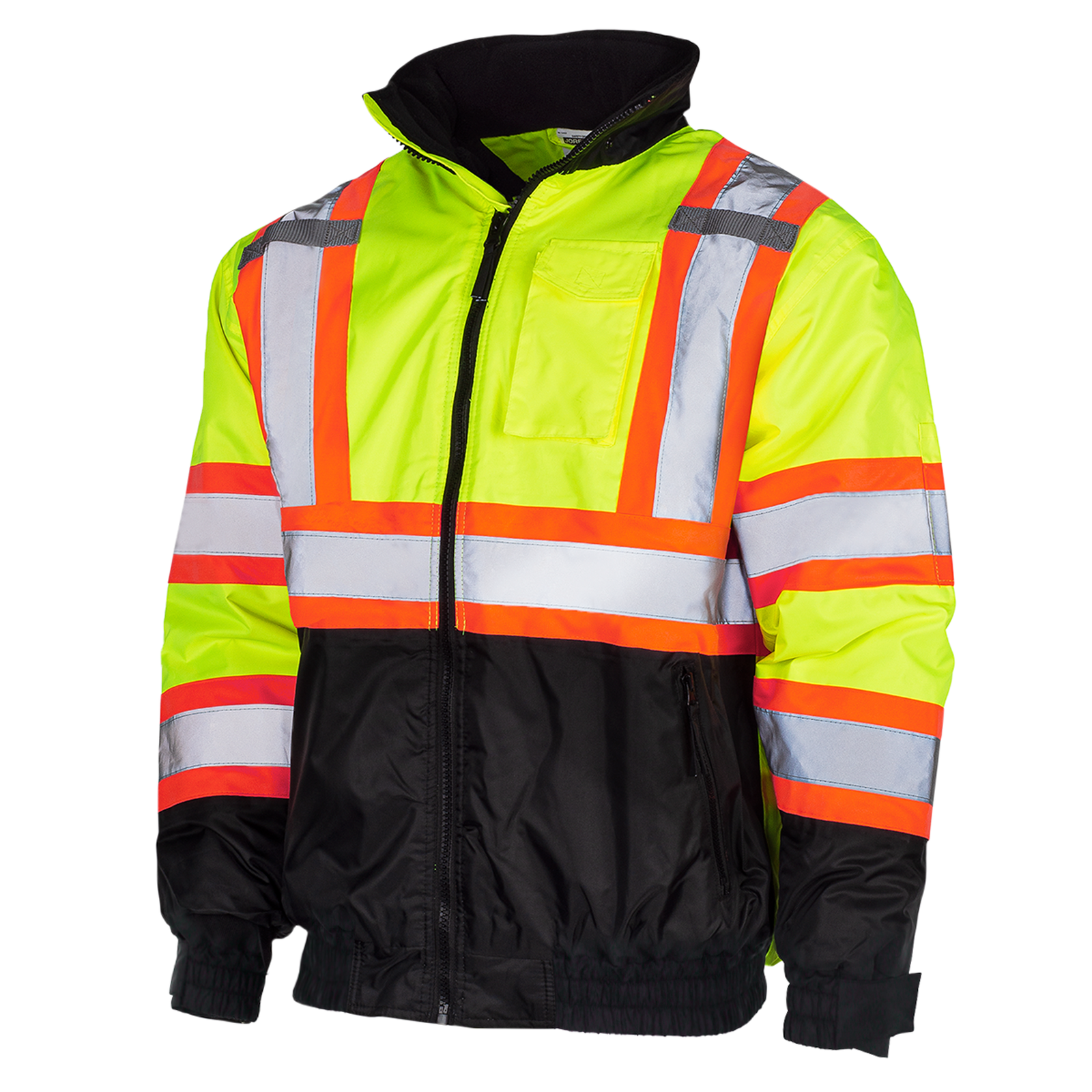 Diagonal view of the JORESTECH Hi-vis two tone Lime and Back safety bomber jacket with reflective stripes and black bottom