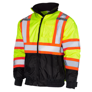 Diagonal view of the JORESTECH Hi-vis two tone Lime and Back safety bomber jacket with reflective stripes and black bottom