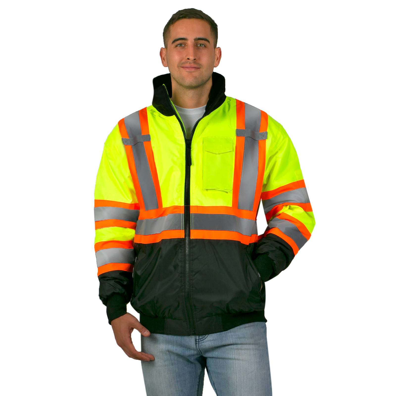 Man wearing the hi-vis two tone safety bomber jacket with reflective strips and an X on the back for winter protection