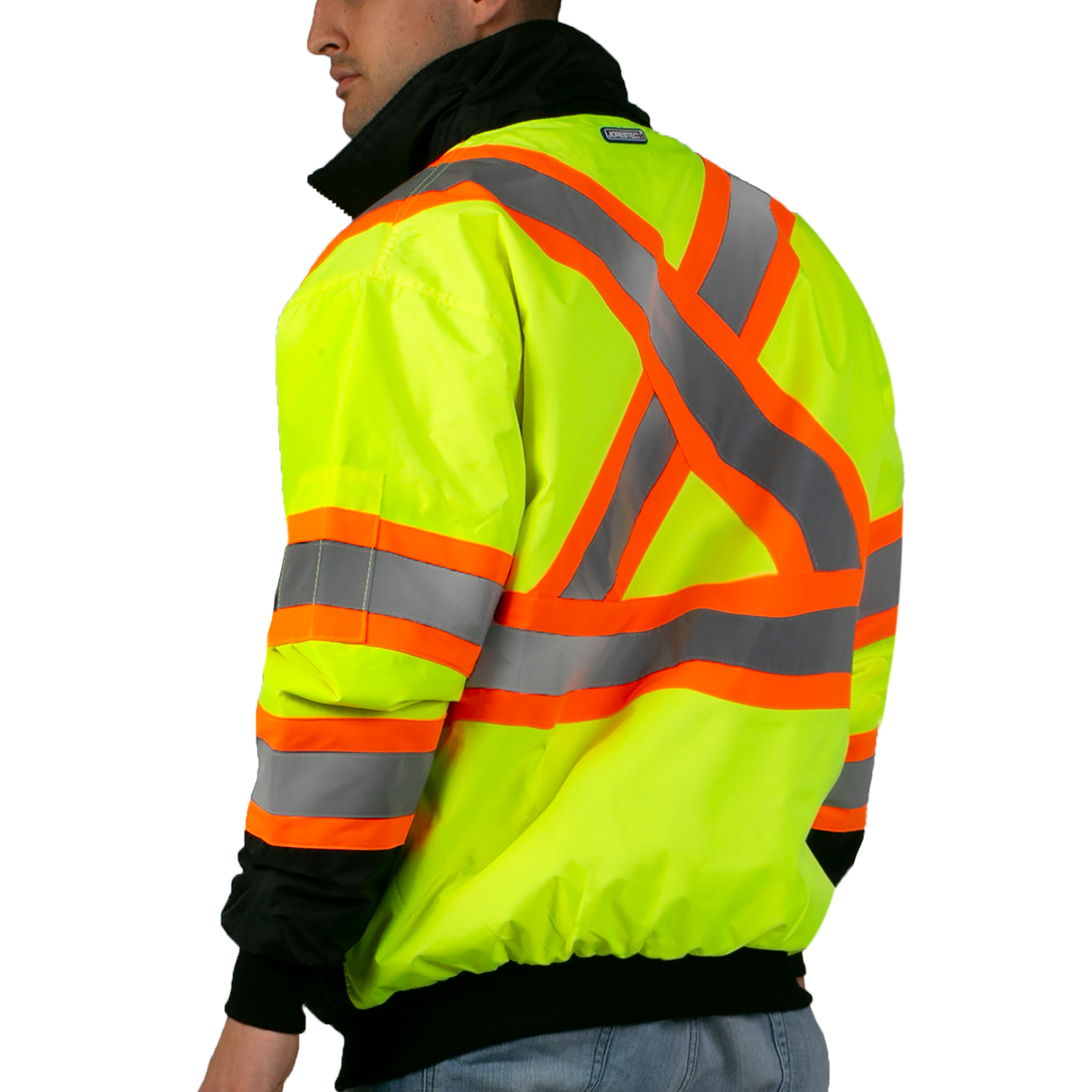 Man wearing the yellow JORESTECH Hi-vis two tone insulated safety bomber jacket with reflective stripes and a reflective X on the back