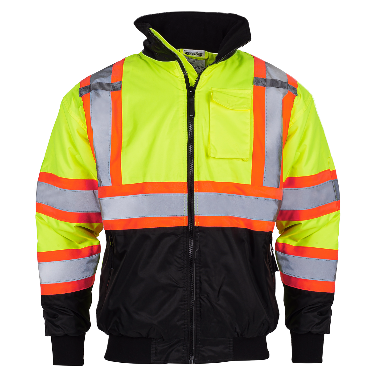 Hi vis two tone safety bomber jacket with reflective stripes, hide away hoodie, x on the back and black bottom