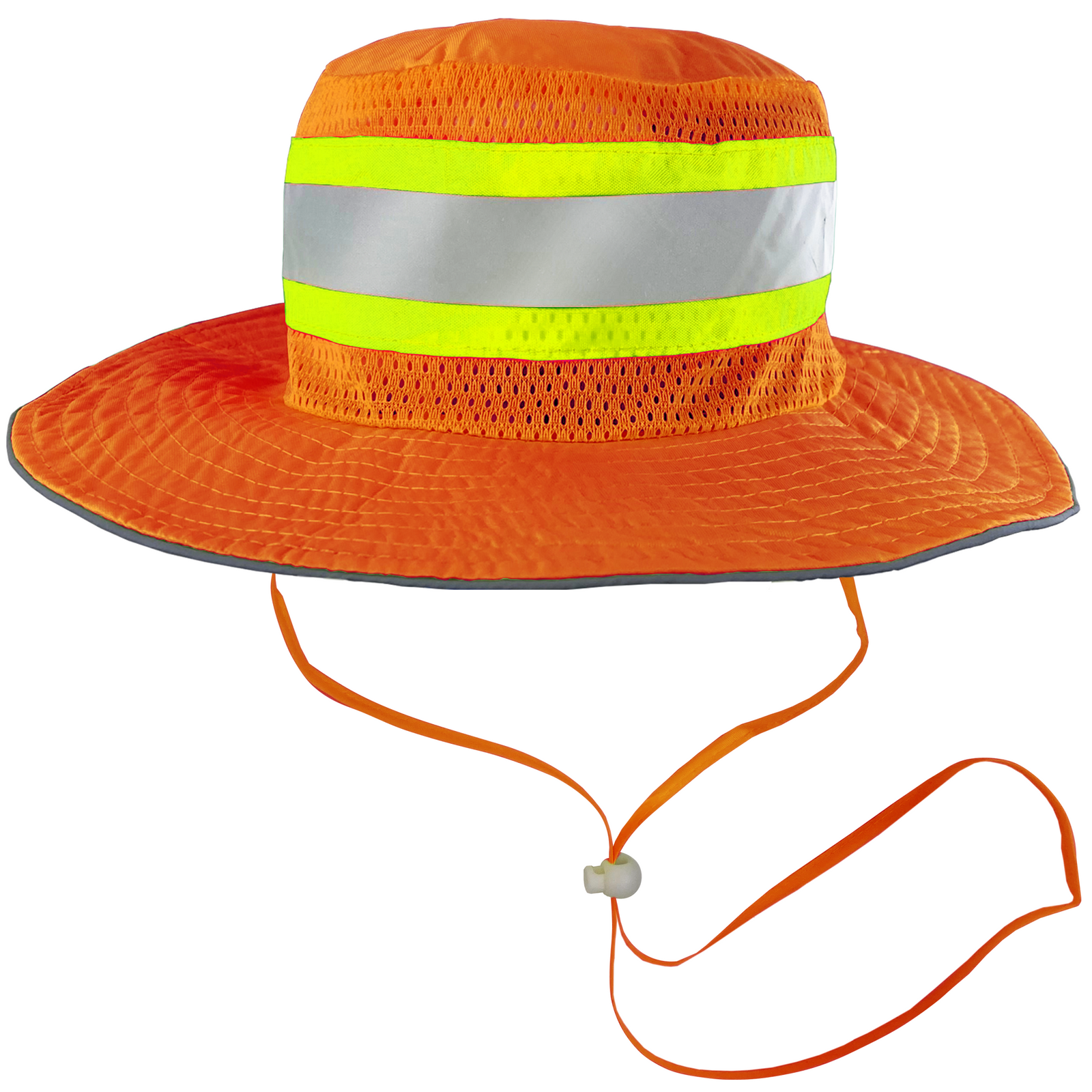 Features an orange safety bonnie with reflective stripes and an adjustable cord