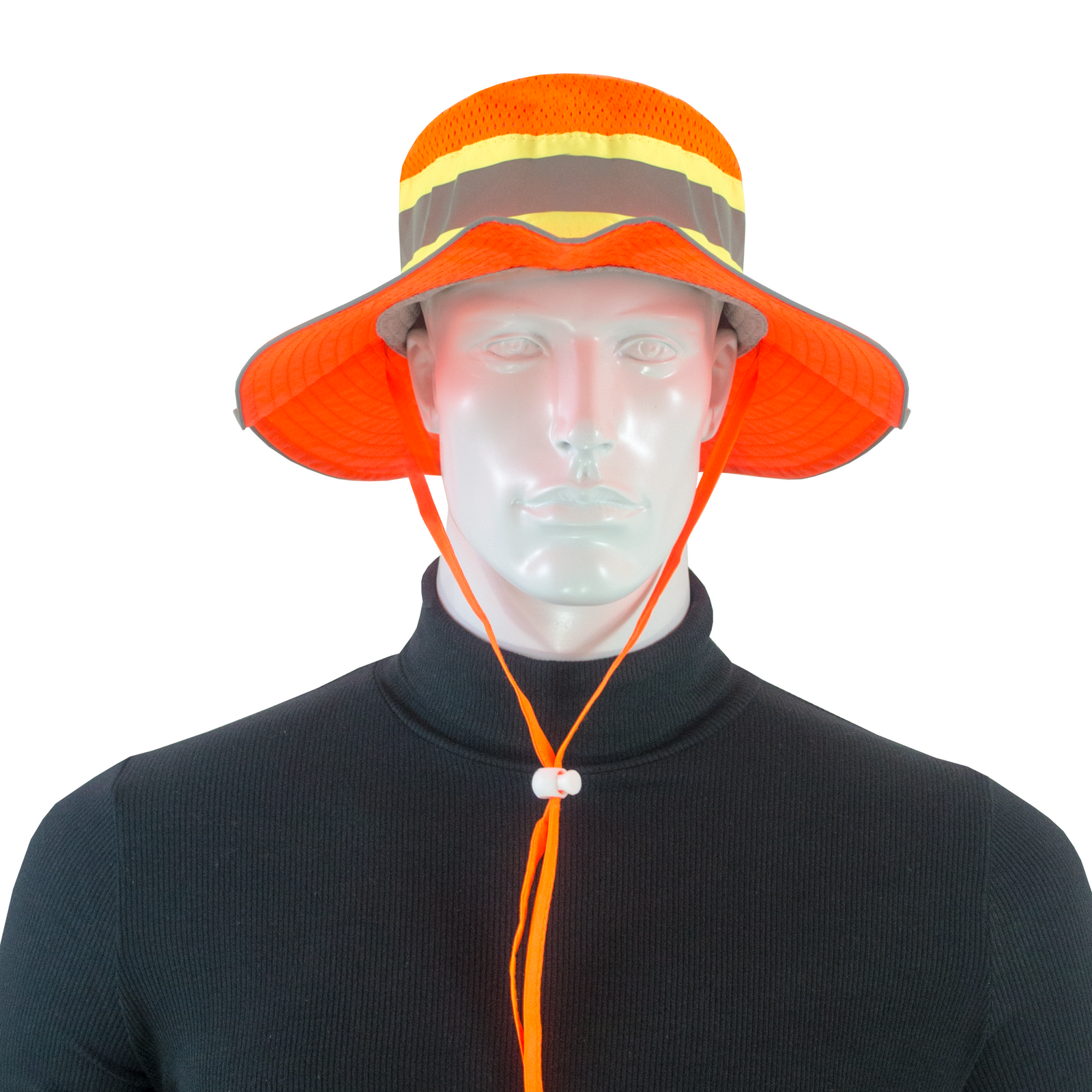 Front view of a mannequin wearing a hi-vis orange JORESTECH safety boonie hat with reflective and yellow stripes