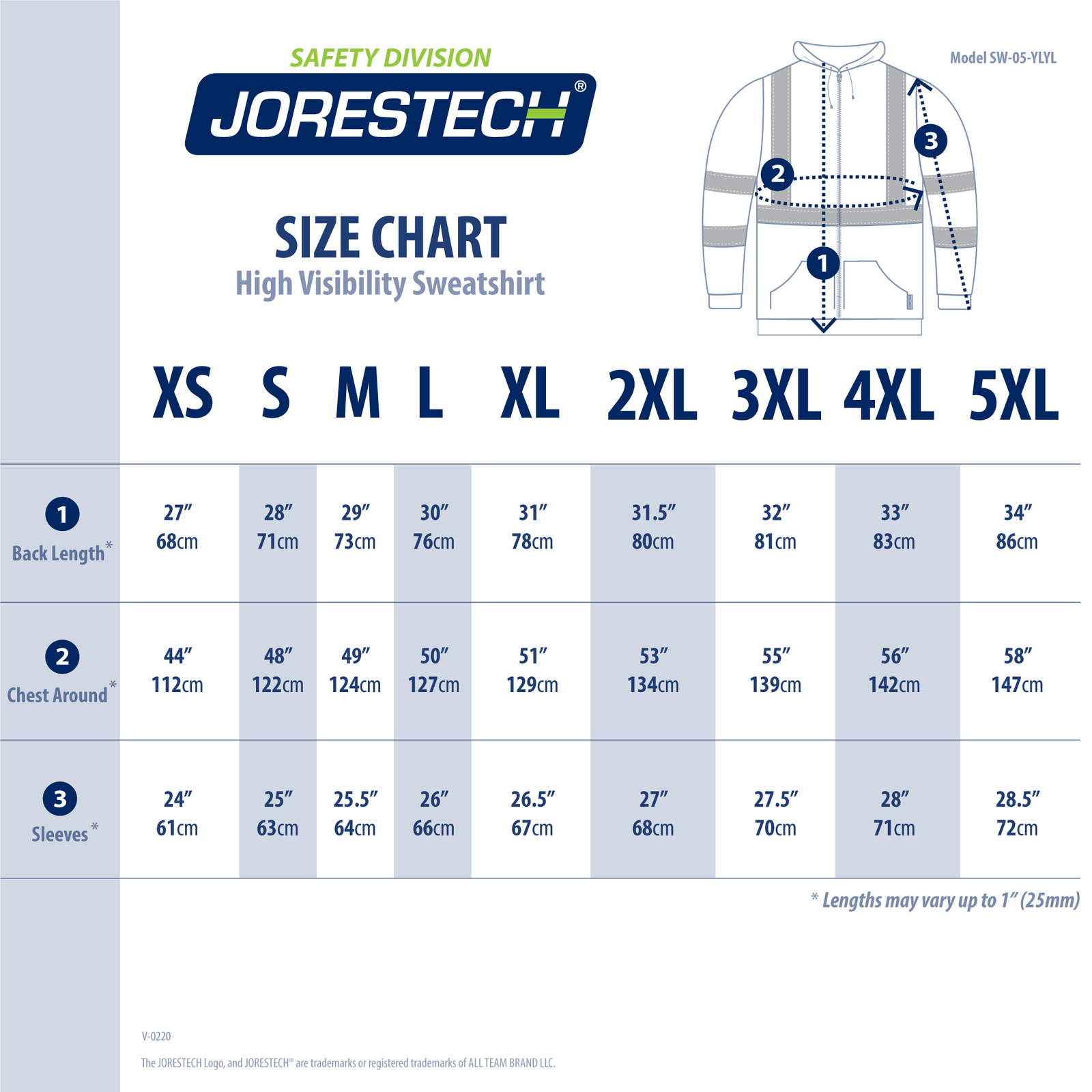 Size chart of the hi vis ANSI compliant safety sweater with reflective stripes