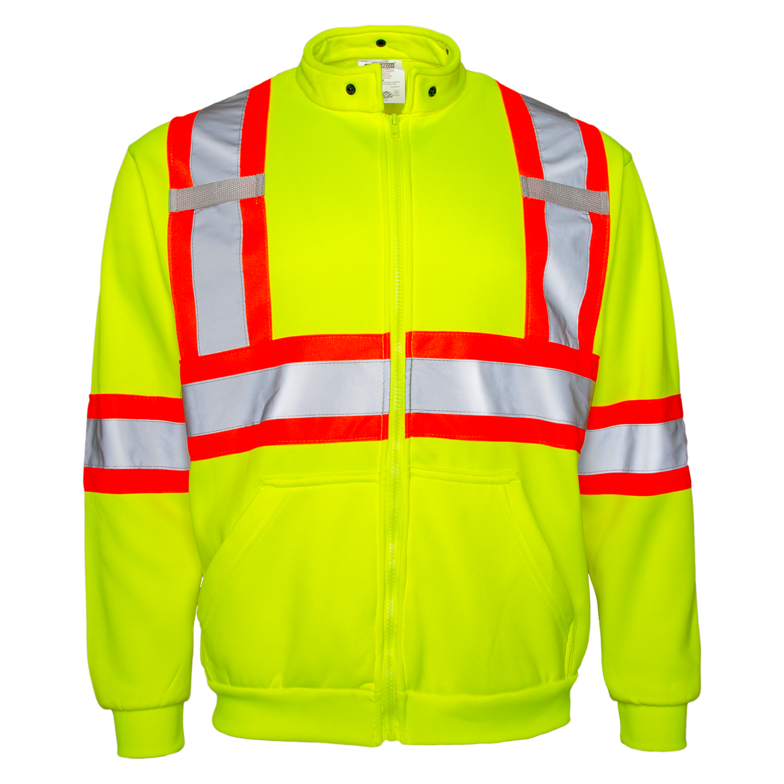 Front view of the yellow JORESTECH hi-vis sweater with reflective stripes and contrasting orange stripes. Sweater with large pocket,  detachable hood, radio tabs and X on the back