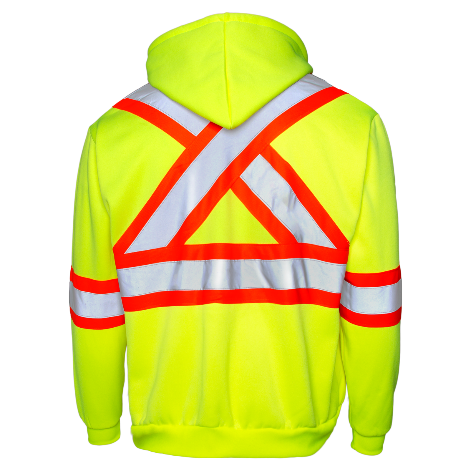 Back view of the yellow JORESTECH hi-vis sweater with reflective and orange contracting stripes,  X on the back and full zipper