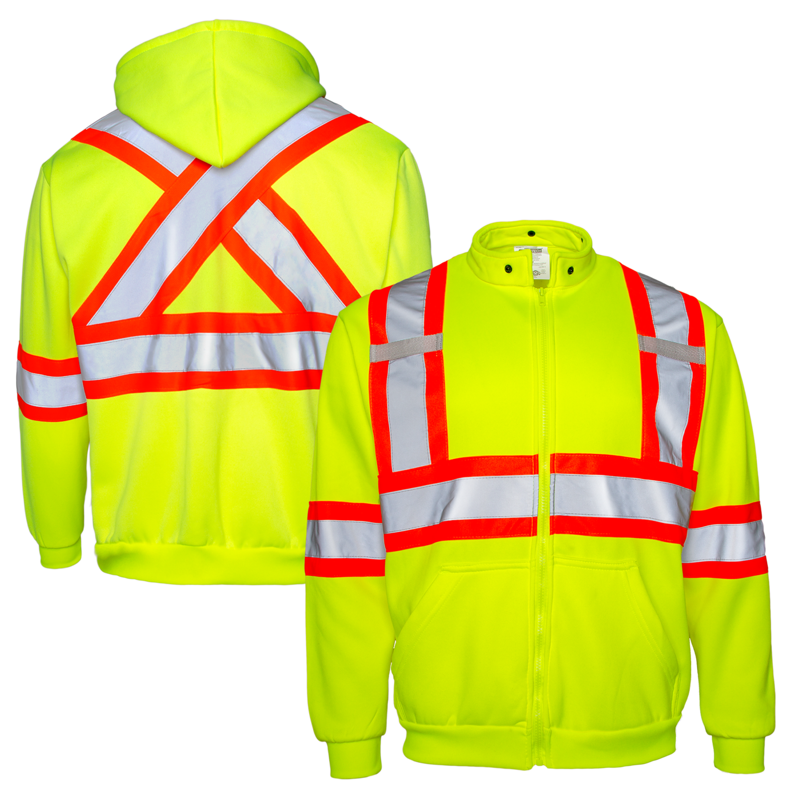Shows a front view and a back view of the hi-vis two tone yellow safety hooded sweatshirt with reflective stripes. This sweater has reflective and also orange contrasting stripes.