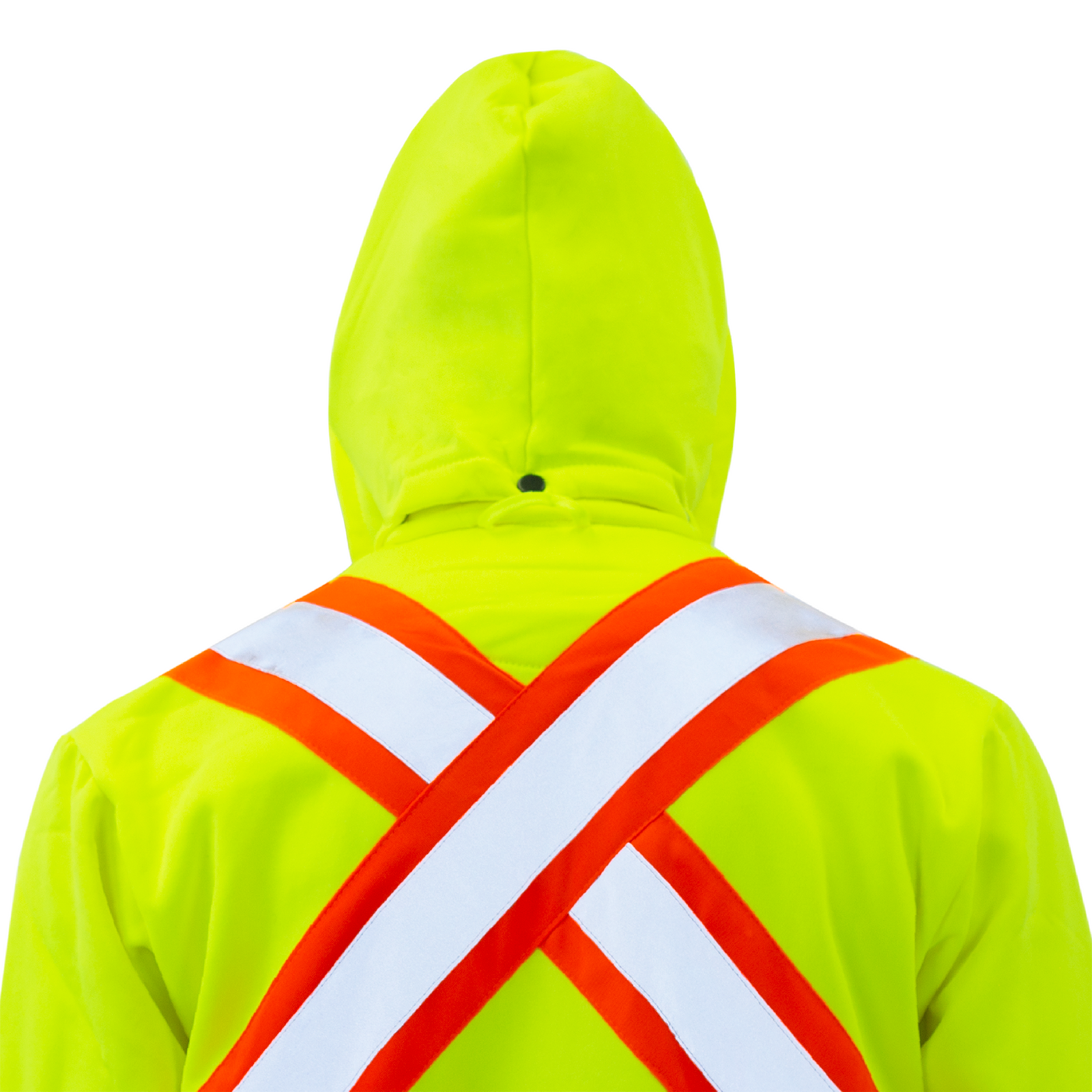 Yellow hi vis sweater with reflective and orange contracting stripes,  X on the back and a removable hoodie. ANSI and CSA Compliant