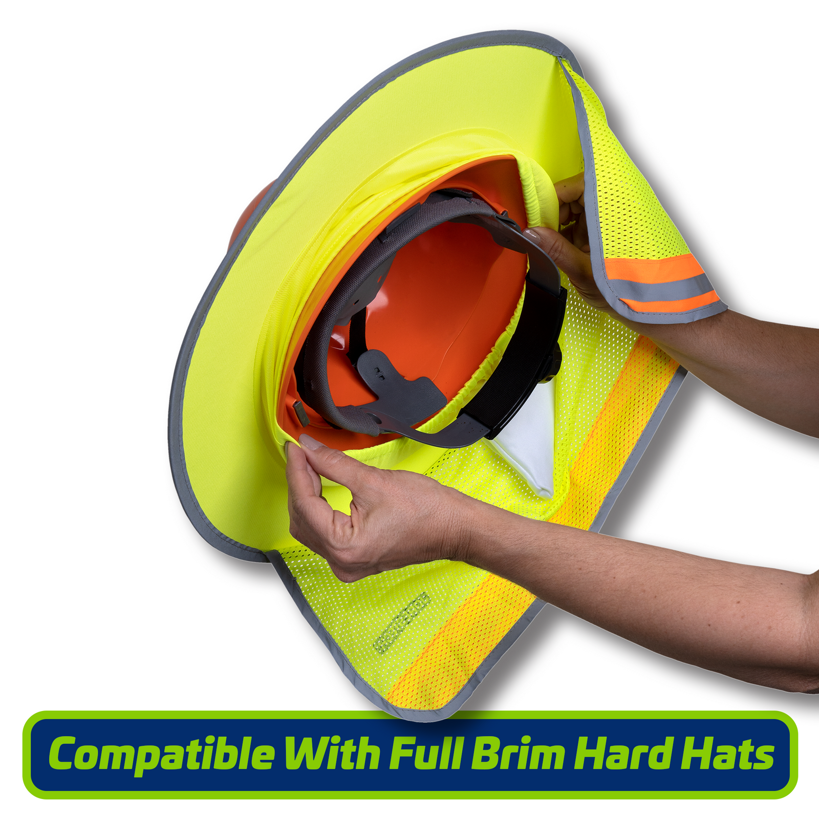 Hi vis two tone sun shield installed in a full brim orange hard hat with 4 point sustention harness. Accessory compatible with full brim hard hats and helmets